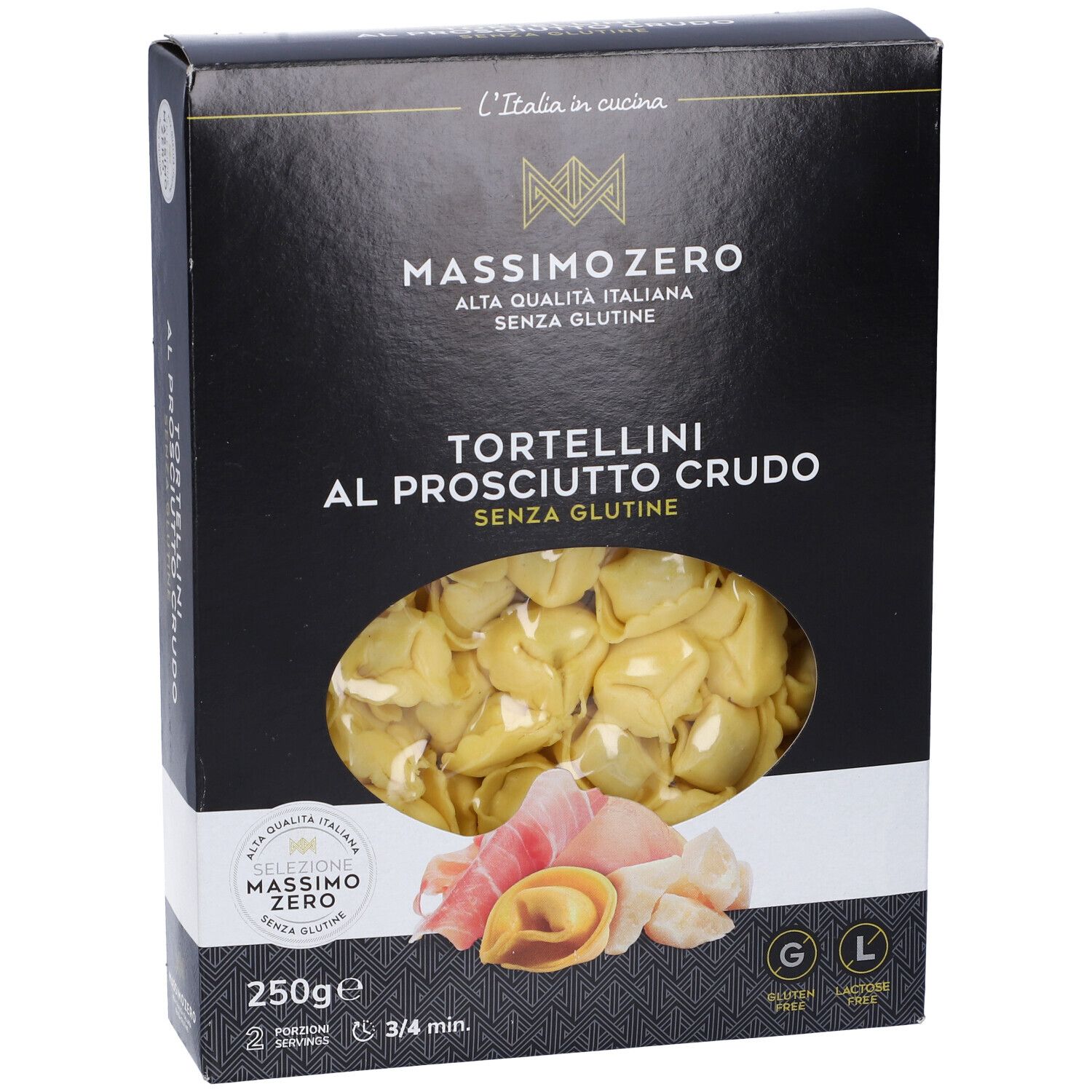 Confezione nera Massimo Zero Tortellini. Visibili tortellini, prosciutto e formaggio. Senza glutine.