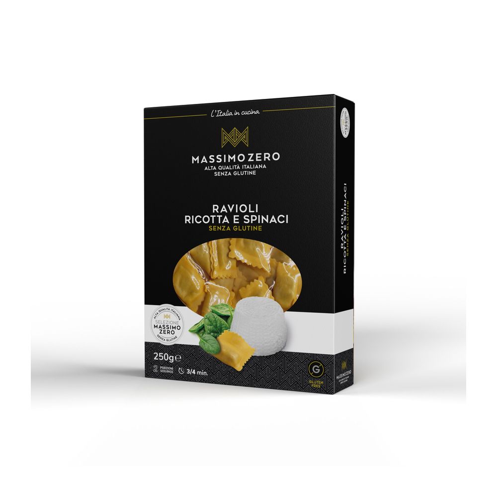 Confezione nera Massimo Zero Ravioli. Visibili ravioli, ricotta, spinaci e sigillo senza glutine.