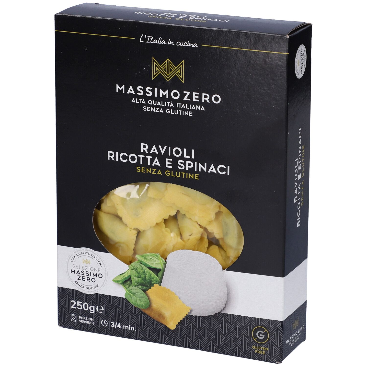 Confezione nera Massimo Zero Ravioli. Visibili ravioli, ricotta, spinaci e sigillo senza glutine.