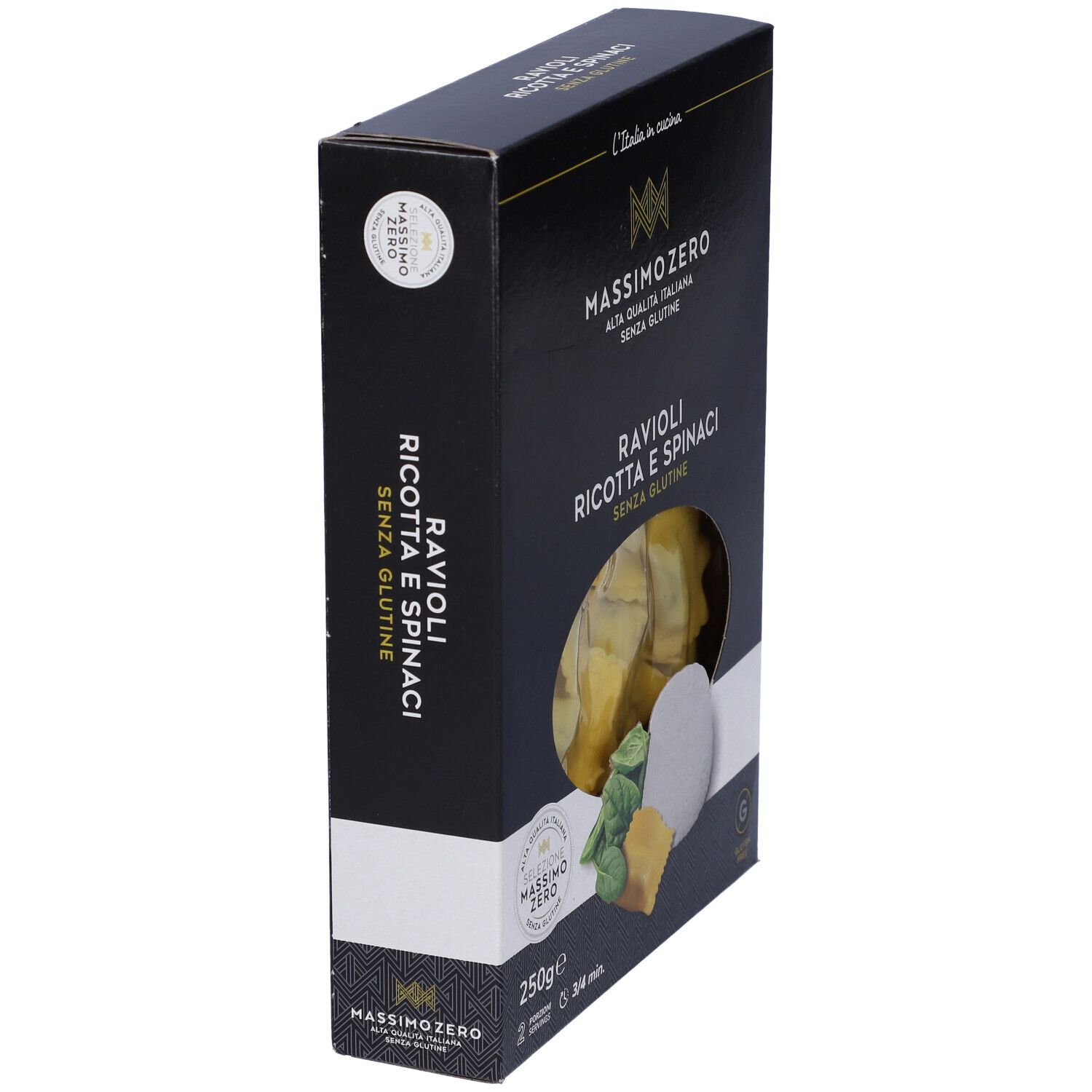 Confezione nera Massimo Zero Ravioli. Visibili ravioli, ricotta, spinaci e sigillo senza glutine.