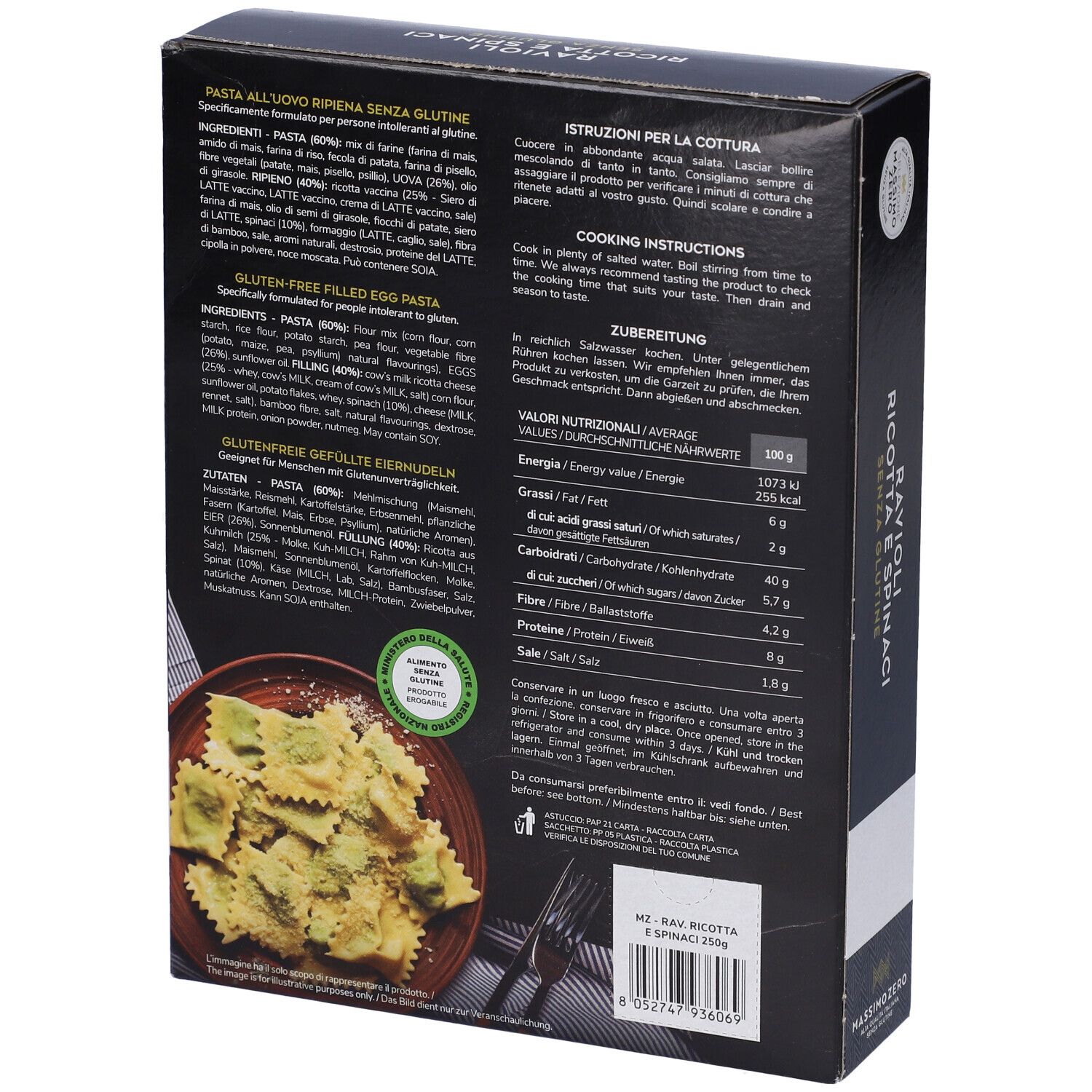 Retro della confezione nera Massimo Zero Ravioli. Lista ingredienti, informazioni nutrizionali e consigli di cottura.