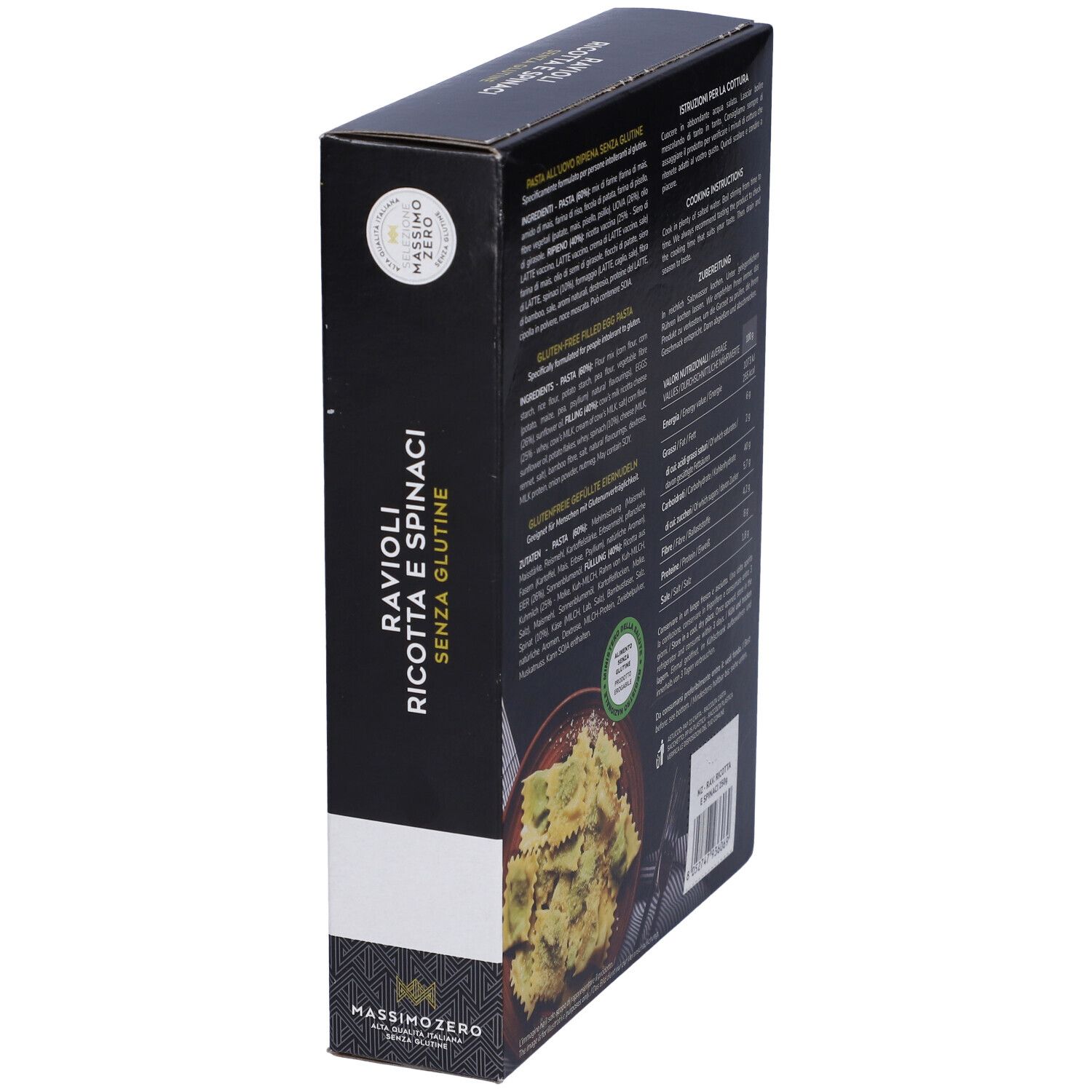 Confezione nera Massimo Zero Ravioli. Visibili ravioli, ricotta, spinaci e sigillo senza glutine.