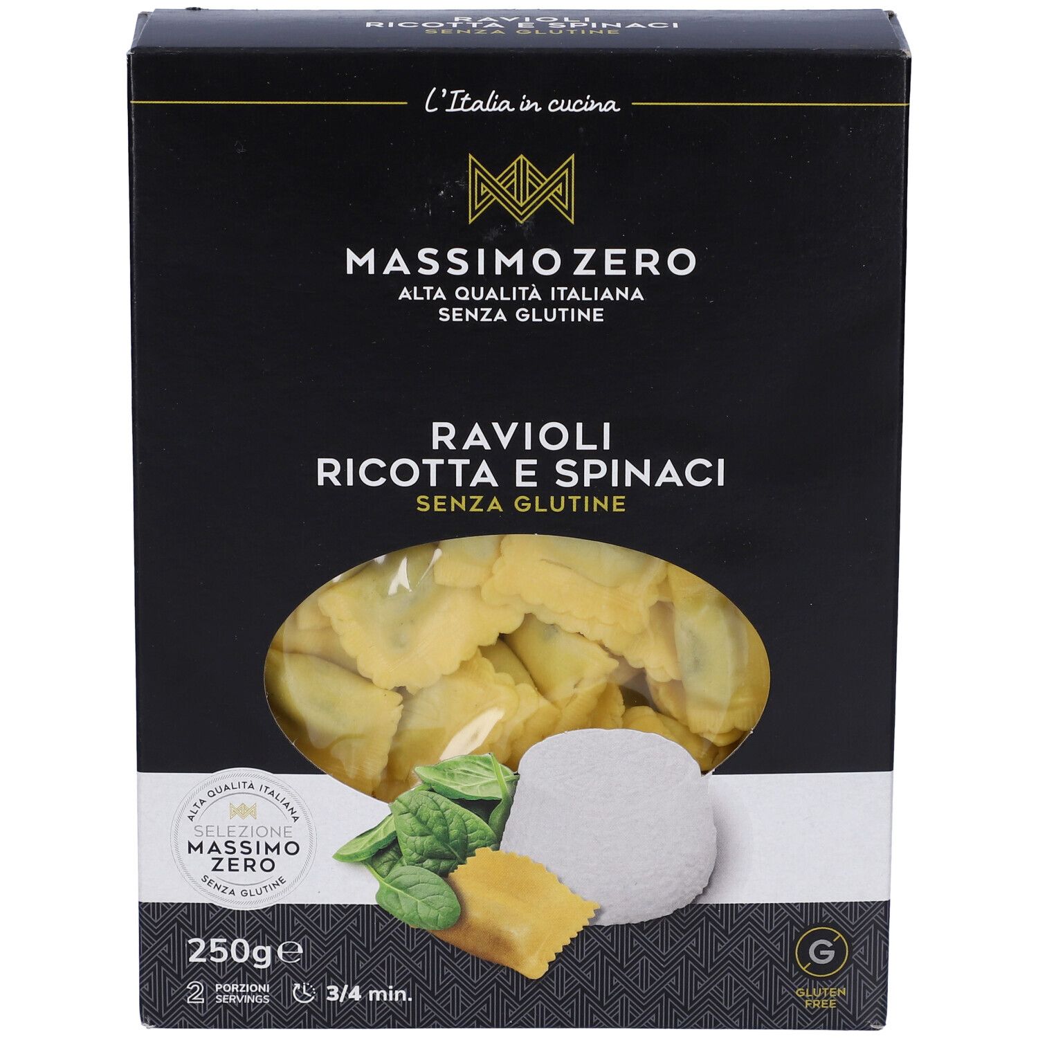 Confezione nera Massimo Zero Ravioli. Visibili ravioli, ricotta, spinaci e sigillo senza glutine.
