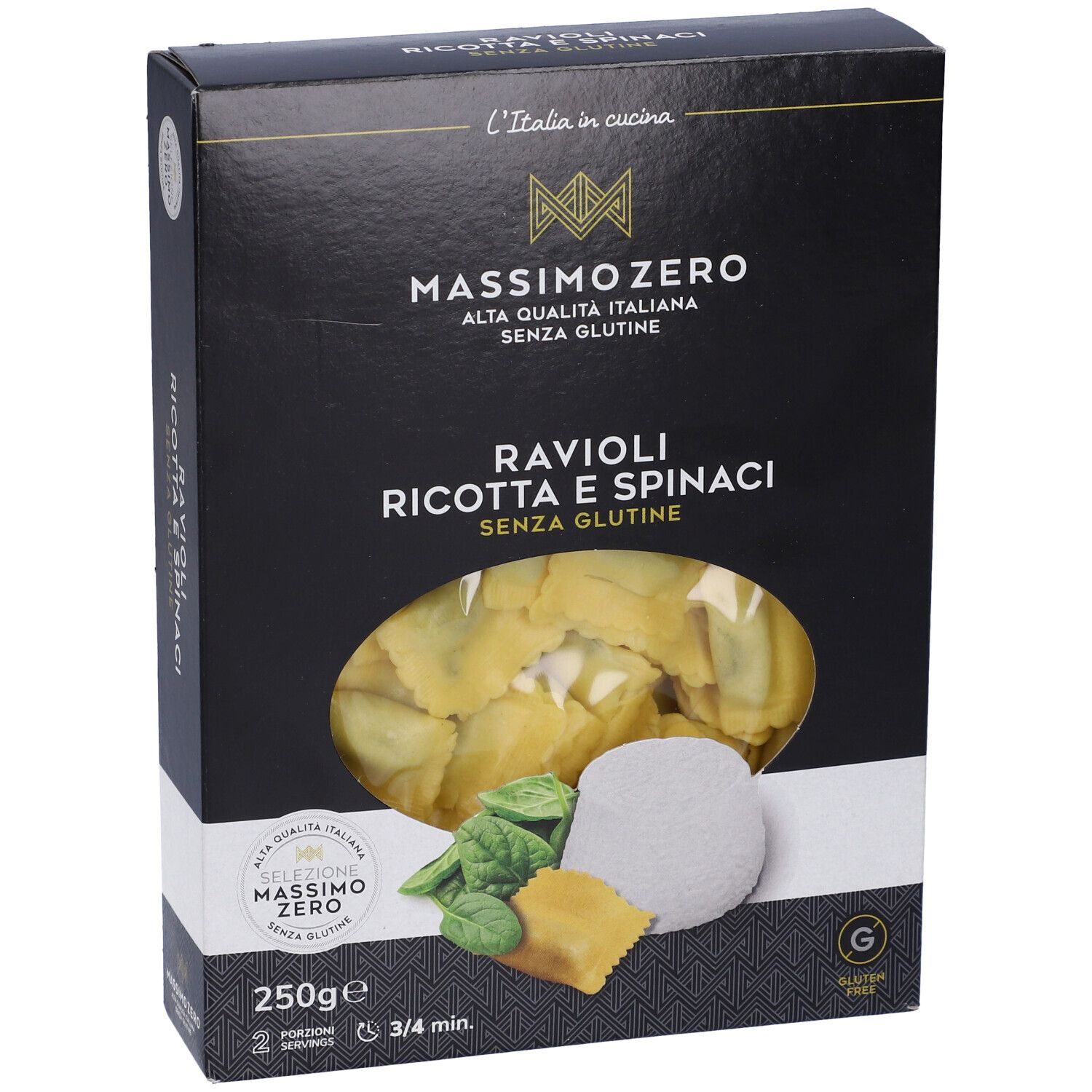Confezione nera Massimo Zero Ravioli. Visibili ravioli, ricotta, spinaci e sigillo senza glutine.