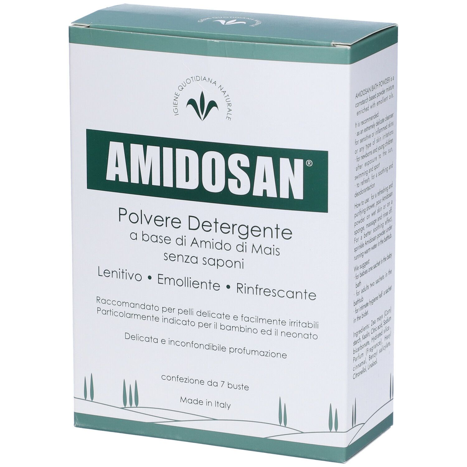 Scatola "AMIDOSAN Polvere Detergente". Confezione verde e bianca. Testo in italiano. Contiene 7 bustine.