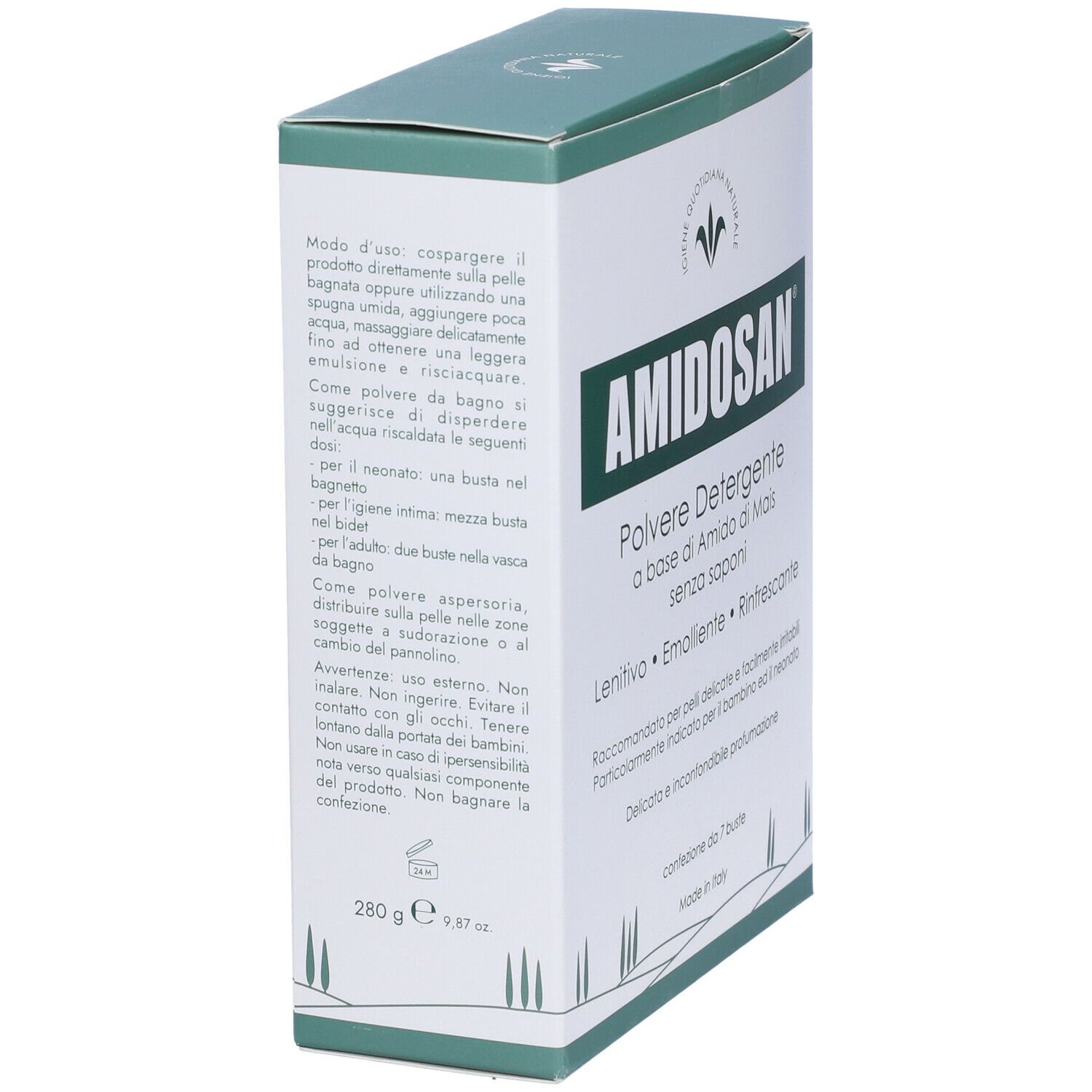Scatola "AMIDOSAN Polvere Detergente". Vista laterale. Testo in italiano. Contiene 280g. Coperchio verde.