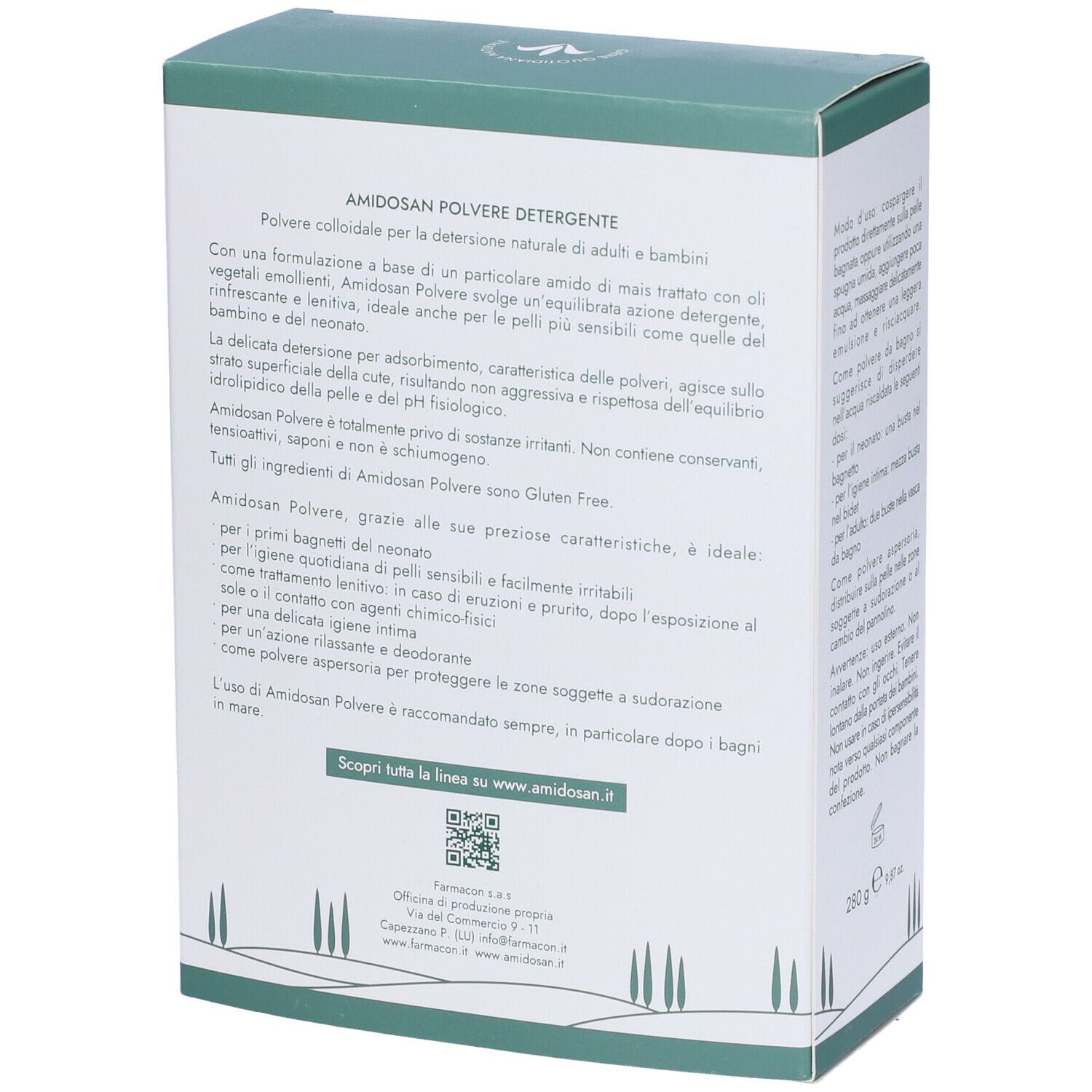 Retro della scatola "AMIDOSAN Polvere Detergente". Testo in italiano. Contiene informazioni sul prodotto.