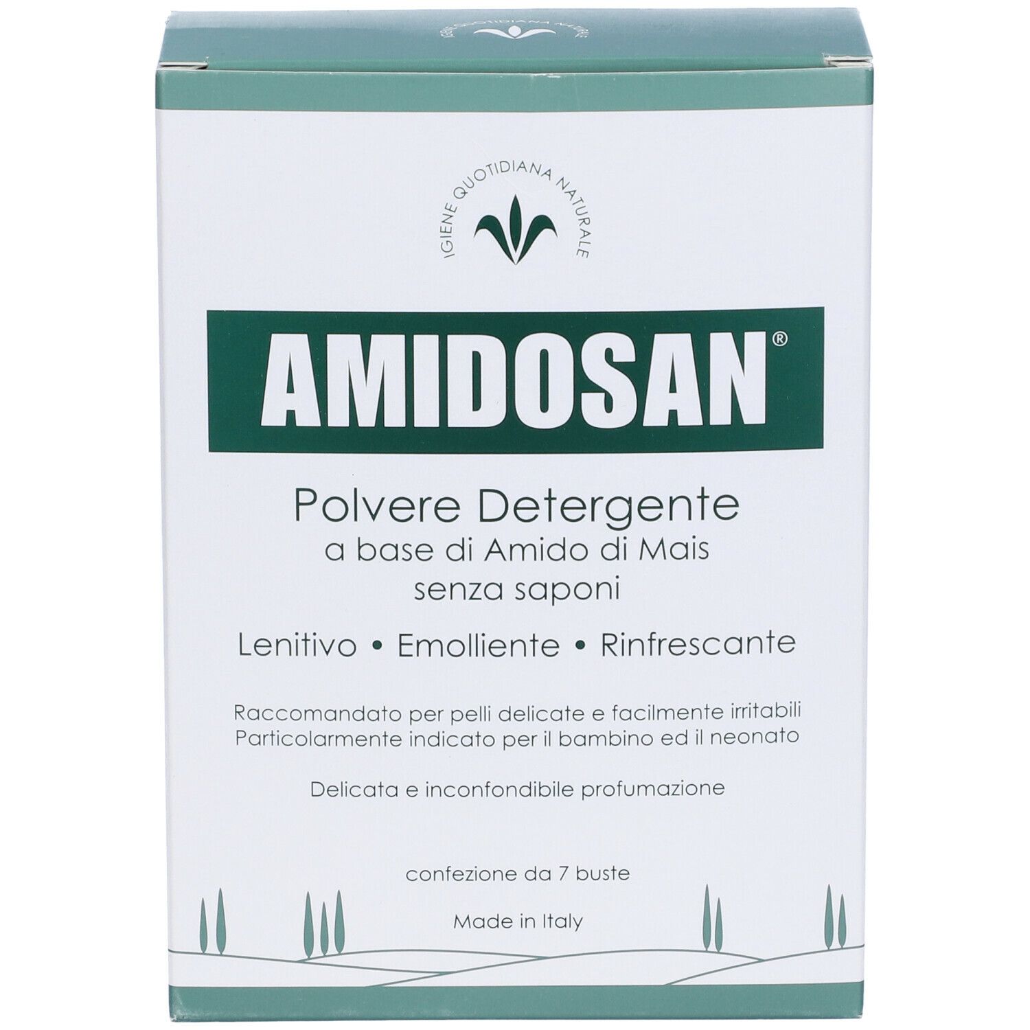 Scatola "AMIDOSAN Polvere Detergente". Confezione verde e bianca. Testo in italiano. Contiene 7 bustine. Made in Italy.