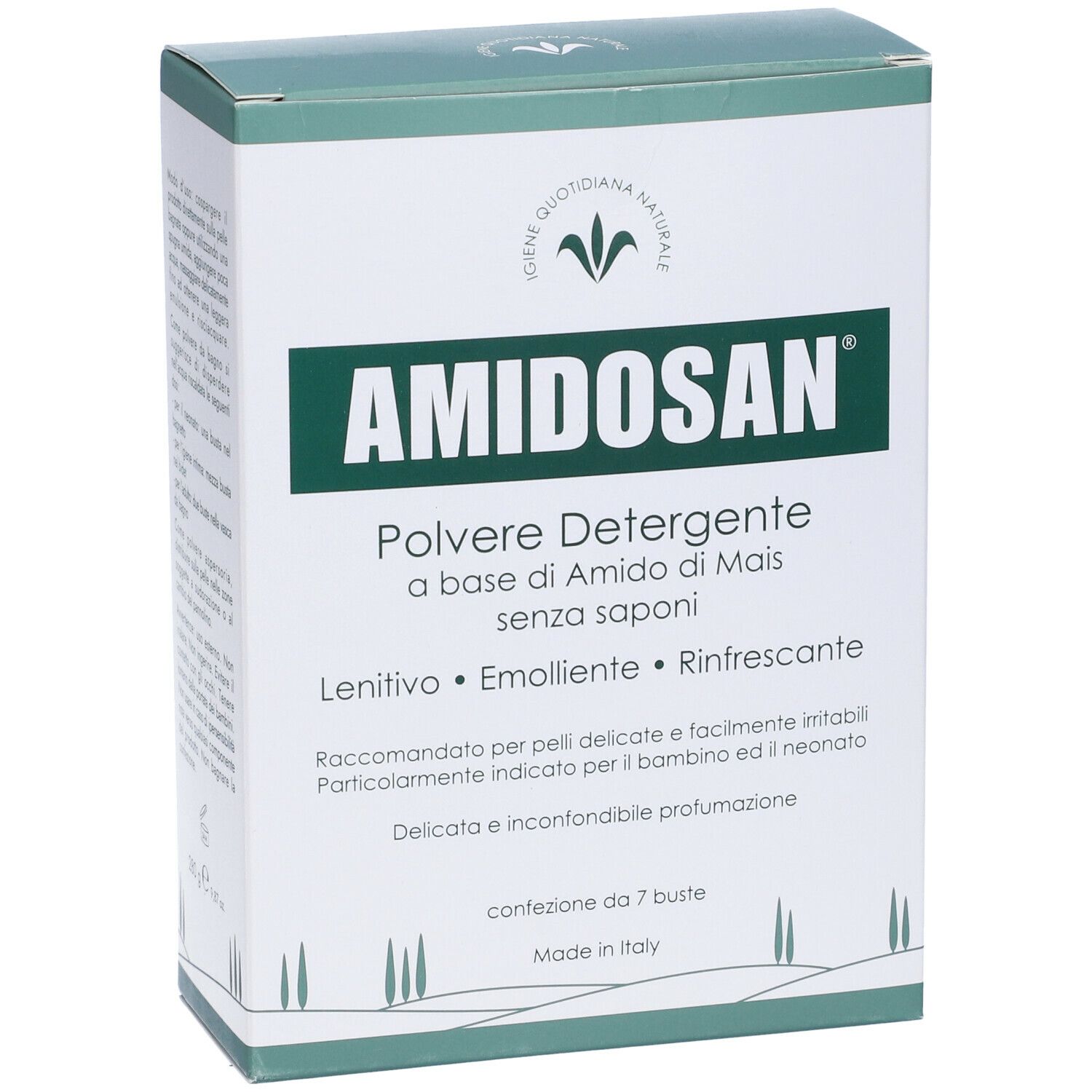 Scatola "AMIDOSAN Polvere Detergente". Confezione verde e bianca. Testo in italiano. Contiene 7 bustine. Made in Italy.