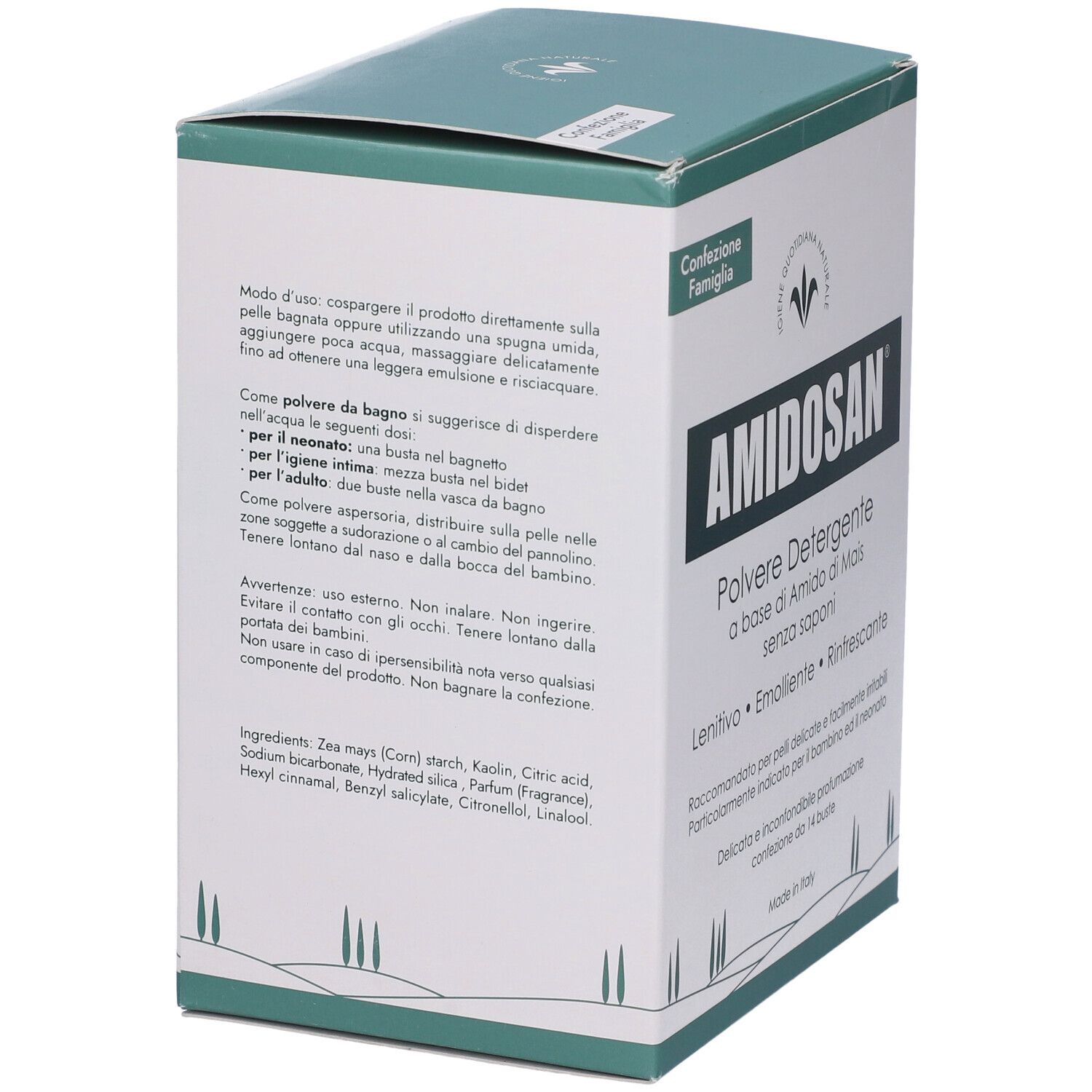 Rückseite der AMIDOSAN-Schachtel. Enthält Inhaltsstoffe wie Maisstärke, Kaolin, Zitronensäure, Natriumbicarbonat, Parfum.