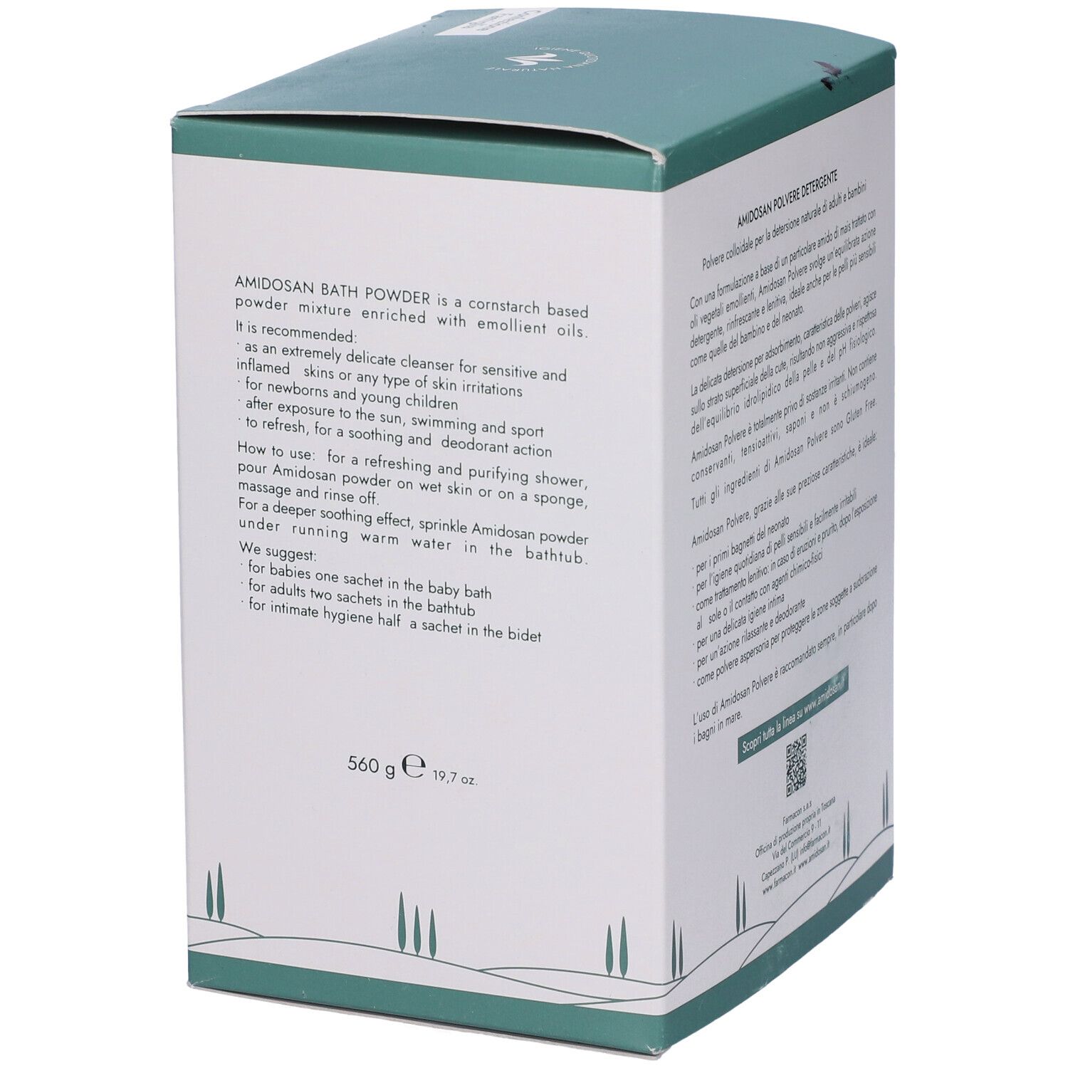 Rückseite der AMIDOSAN-Schachtel. Beschreibt die Anwendung als Badezusatz und für die Intimhygiene.