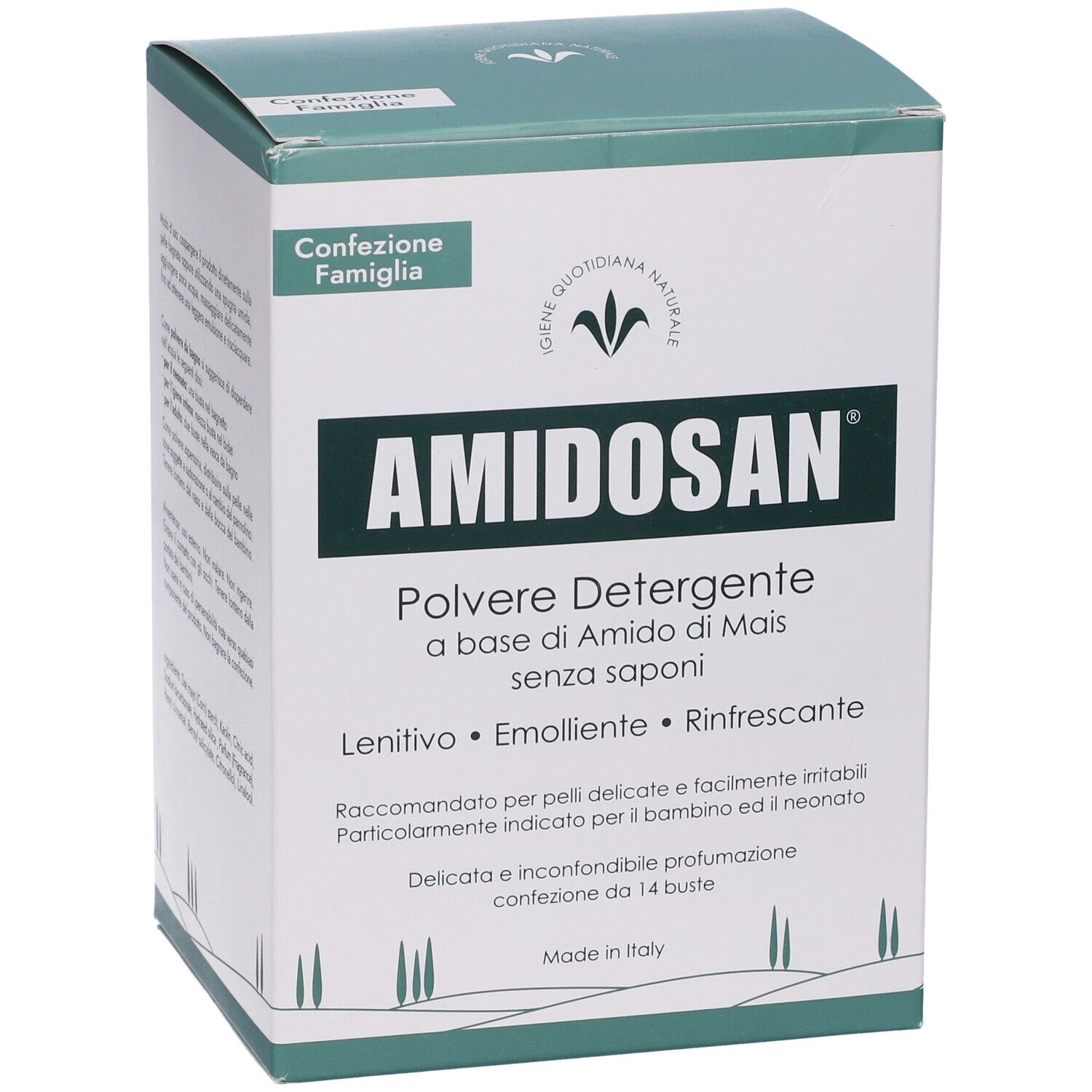 AMIDOSAN-Schachtel, Reinigungspulver. Enthält Maisstärke, beruhigend, erweichend und erfrischend. Für empfindliche Haut.