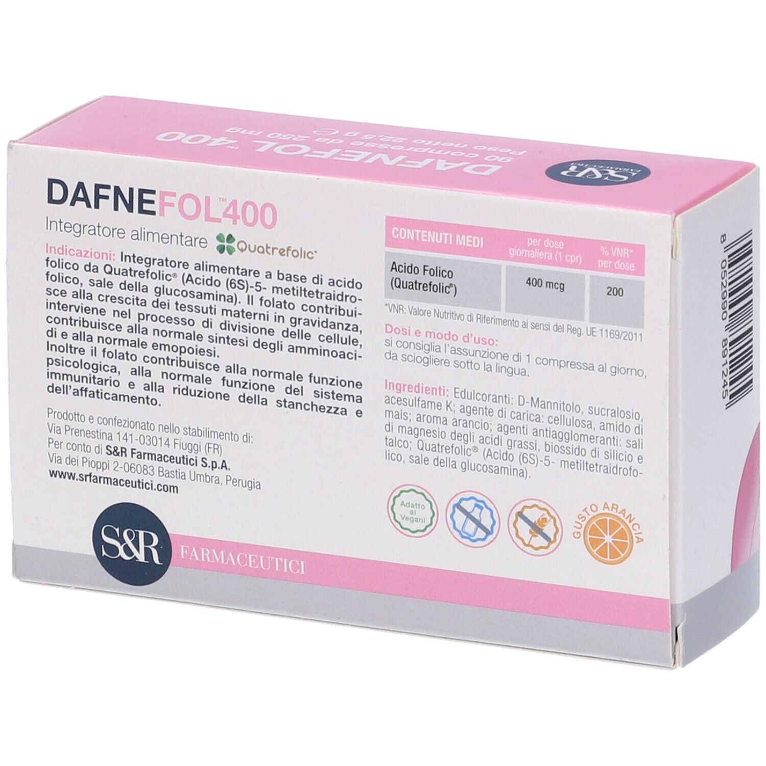 Retro della scatola rosa e bianca. Testo: DAFNEFOL 400, ingredienti, dosaggio. Logo: S&R. Certificazioni.