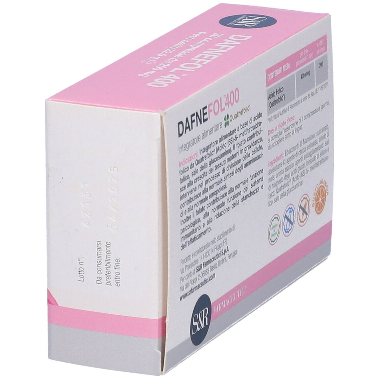 Retro della scatola rosa e bianca. Testo: DAFNEFOL 400, ingredienti, dosaggio. Logo: S&R. Certificazioni.