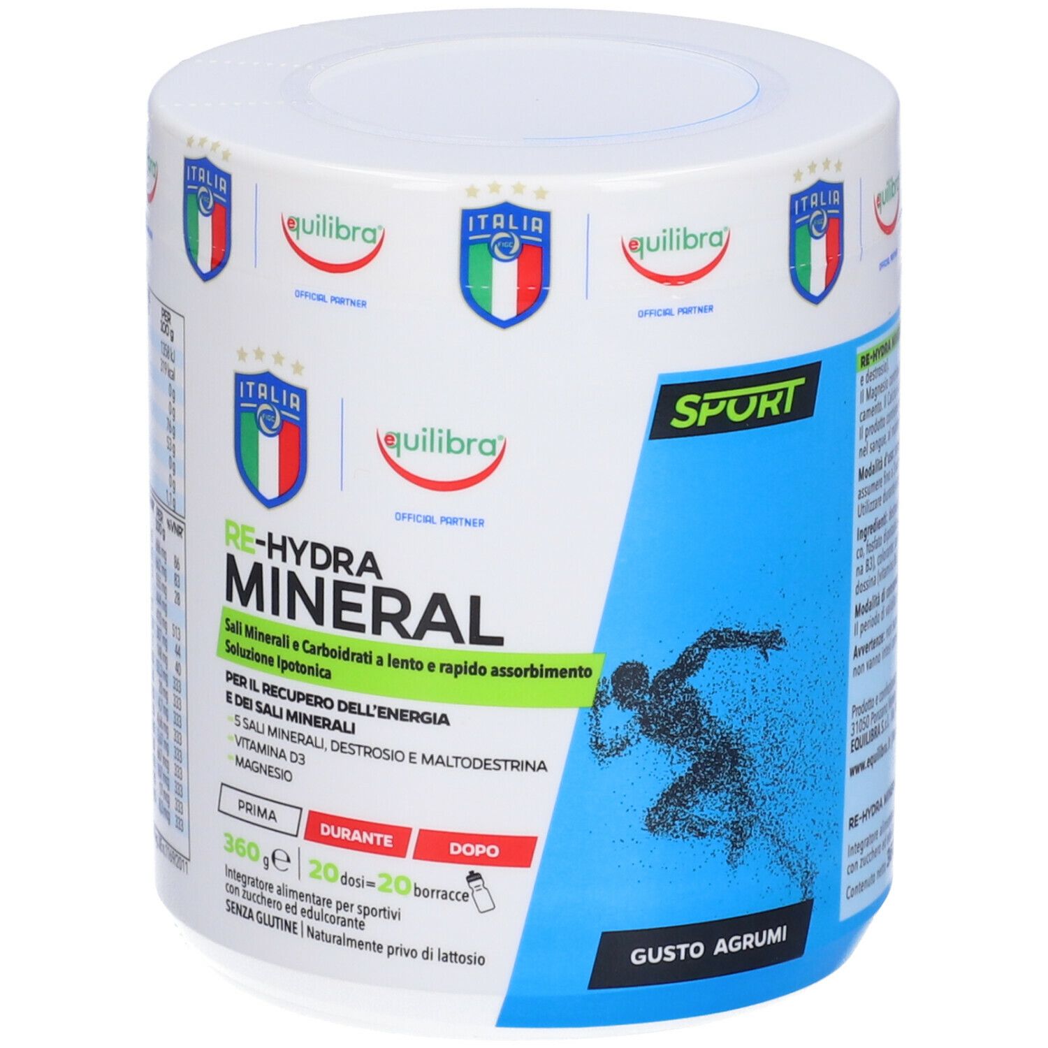 Barattolo cilindrico con scritta Re-Hydra Mineral. Logo Equilibra e stemma italiano. Design sportivo con corridore.