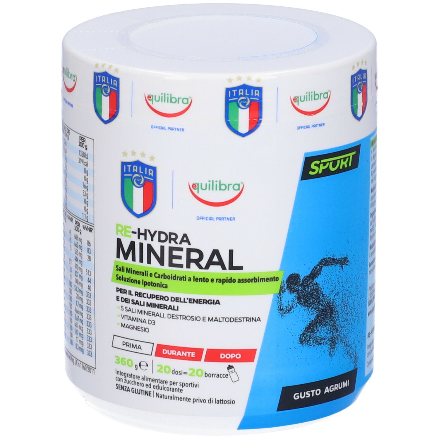 Barattolo cilindrico con scritta Re-Hydra Mineral. Logo Equilibra e stemma italiano. Design sportivo con corridore.