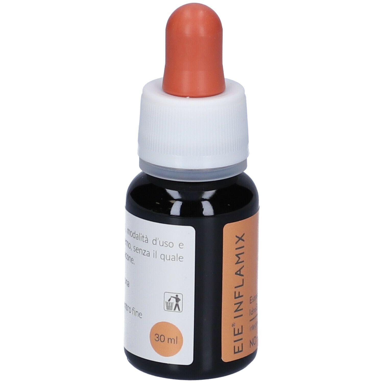 Flacone di vetro marrone con contagocce. Scritta EIE INFLAMIX e 30 ml. Tappo arancione.