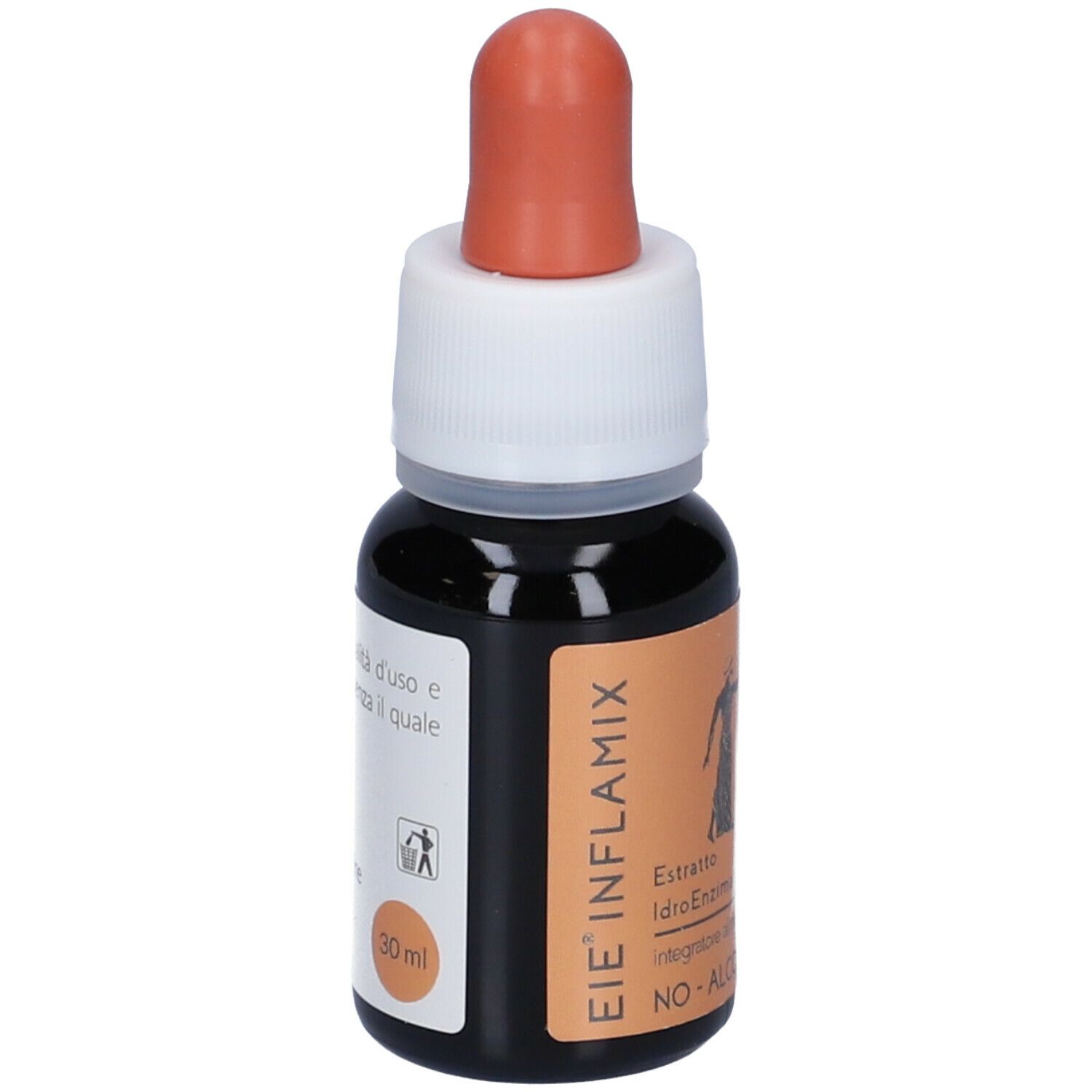 Flacone di vetro marrone con contagocce. Scritta EIE INFLAMIX e 30 ml. Etichetta con testo e immagine.