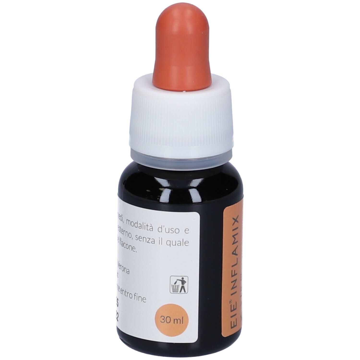 Flacone di vetro marrone con contagocce. Scritta EIE INFLAMIX e 30 ml. Etichetta con testo.