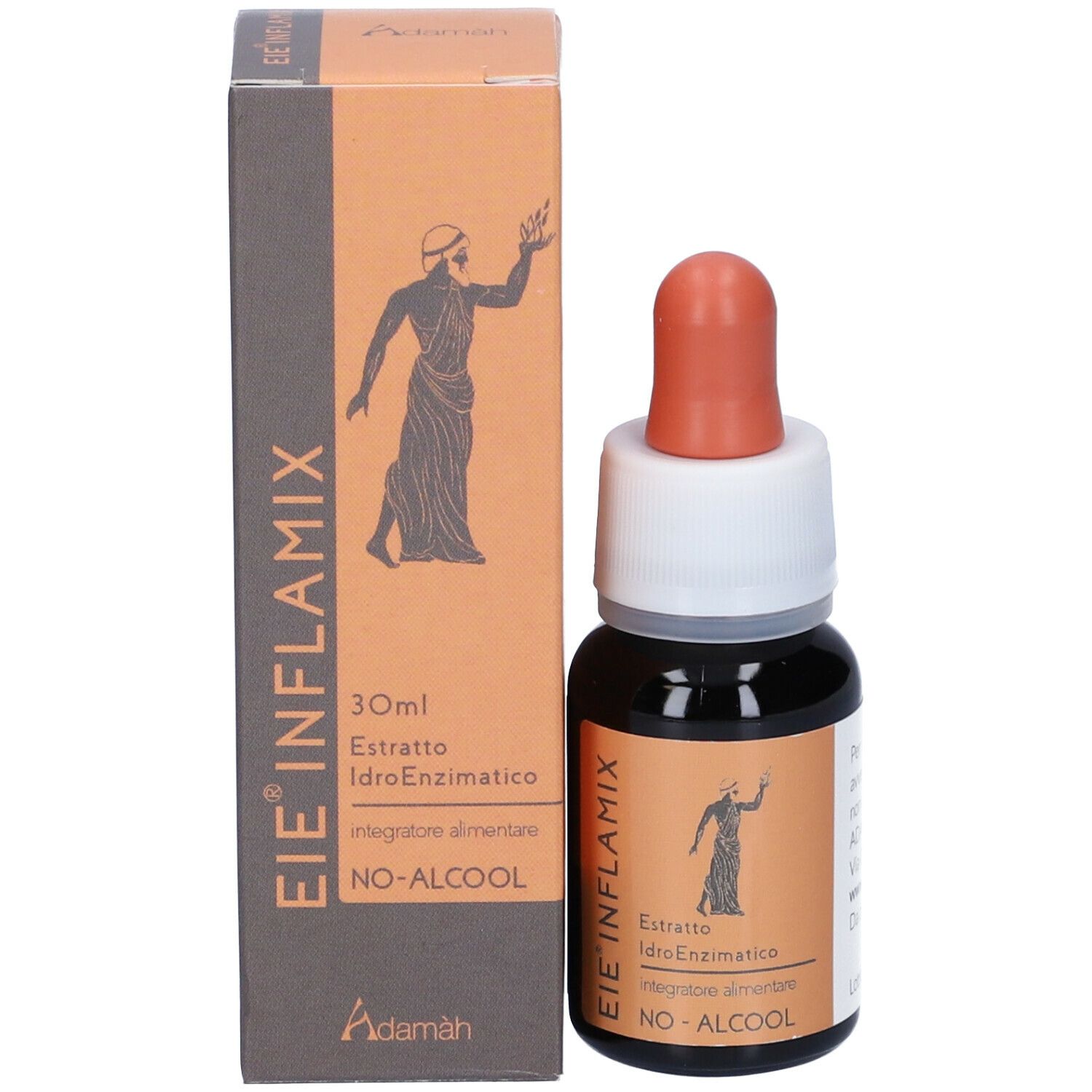 Flacone di vetro marrone con contagocce e confezione in cartone. Scritta EIE INFLAMIX e 30 ml. Scatola con immagine.