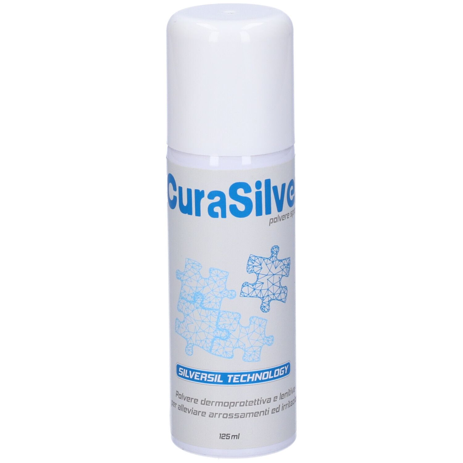 Spray bianco con scritta blu CuraSilver. Scritta: Silversil Technology. 125 ml.