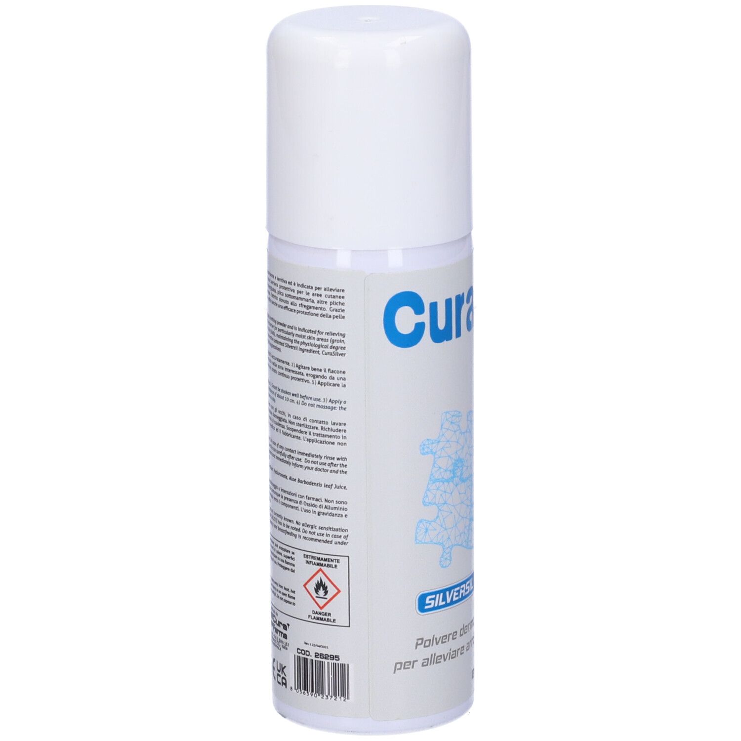 Retro dello spray bianco. Testo multilingue. Loghi e pittogrammi.