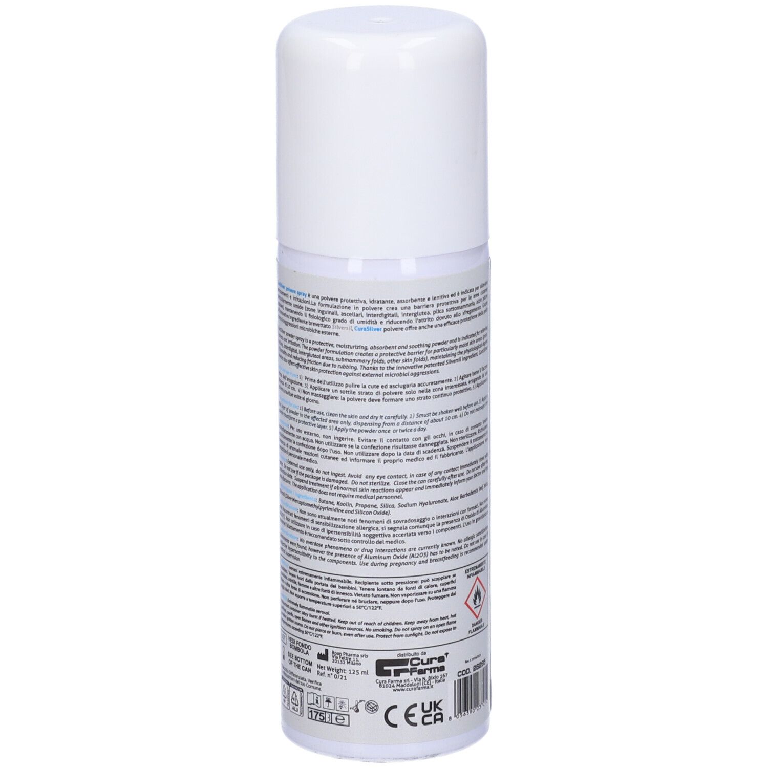 Retro dello spray bianco. Testo multilingue. Loghi e pittogrammi.