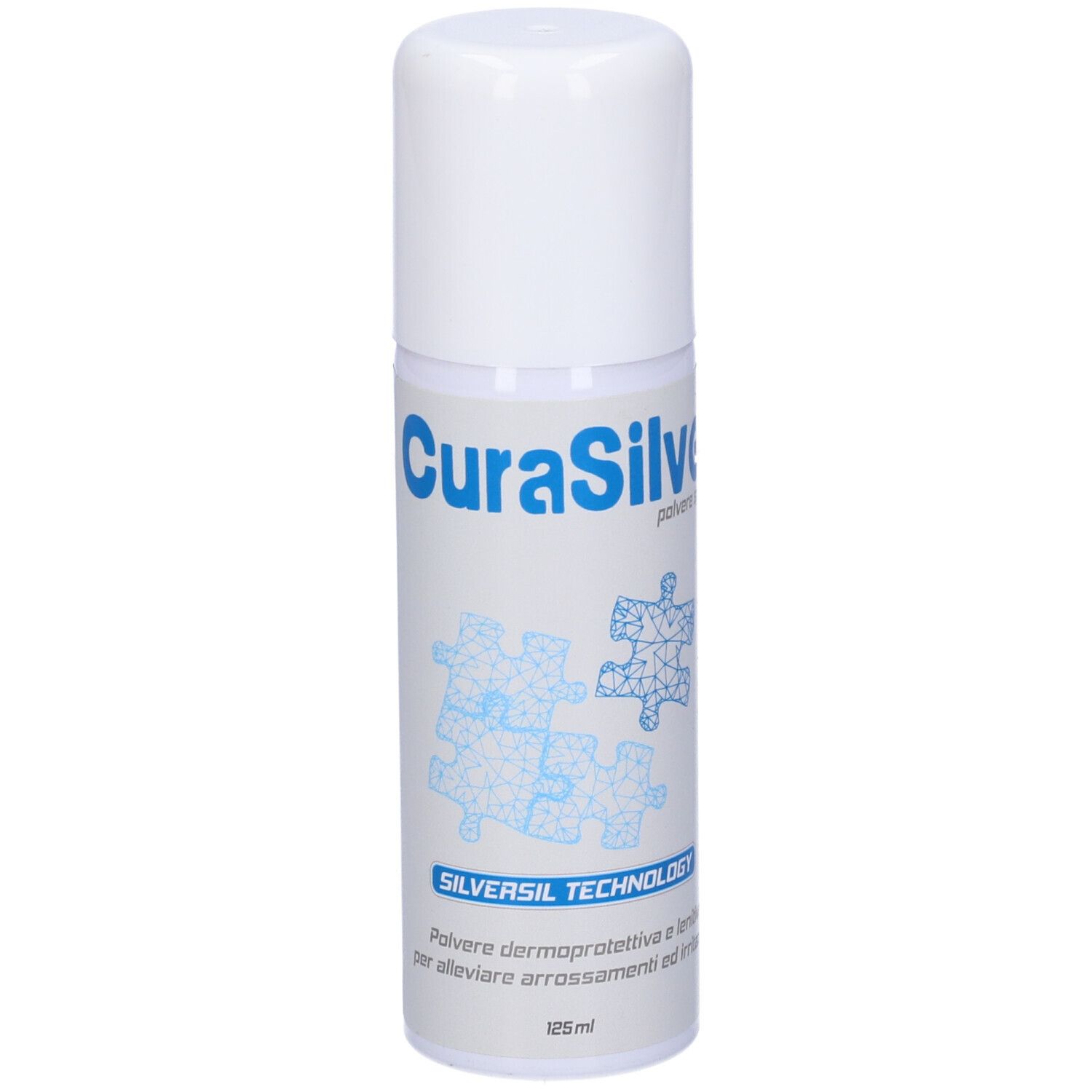 Spray bianco con scritta blu CuraSilver. Scritta: Silversil Technology. 125 ml.
