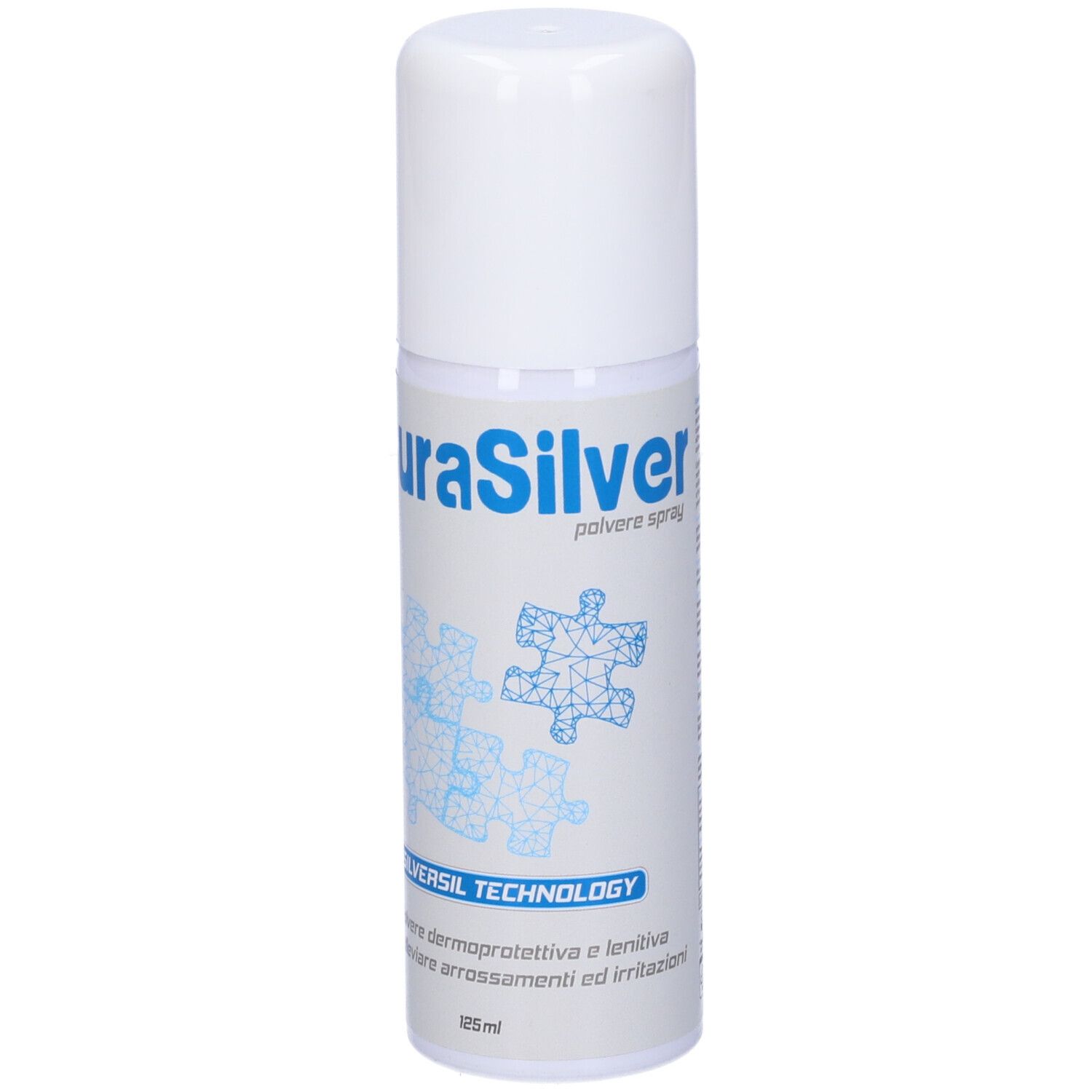 Spray bianco con scritta blu CuraSilver. Scritta: Silversil Technology. 125 ml.