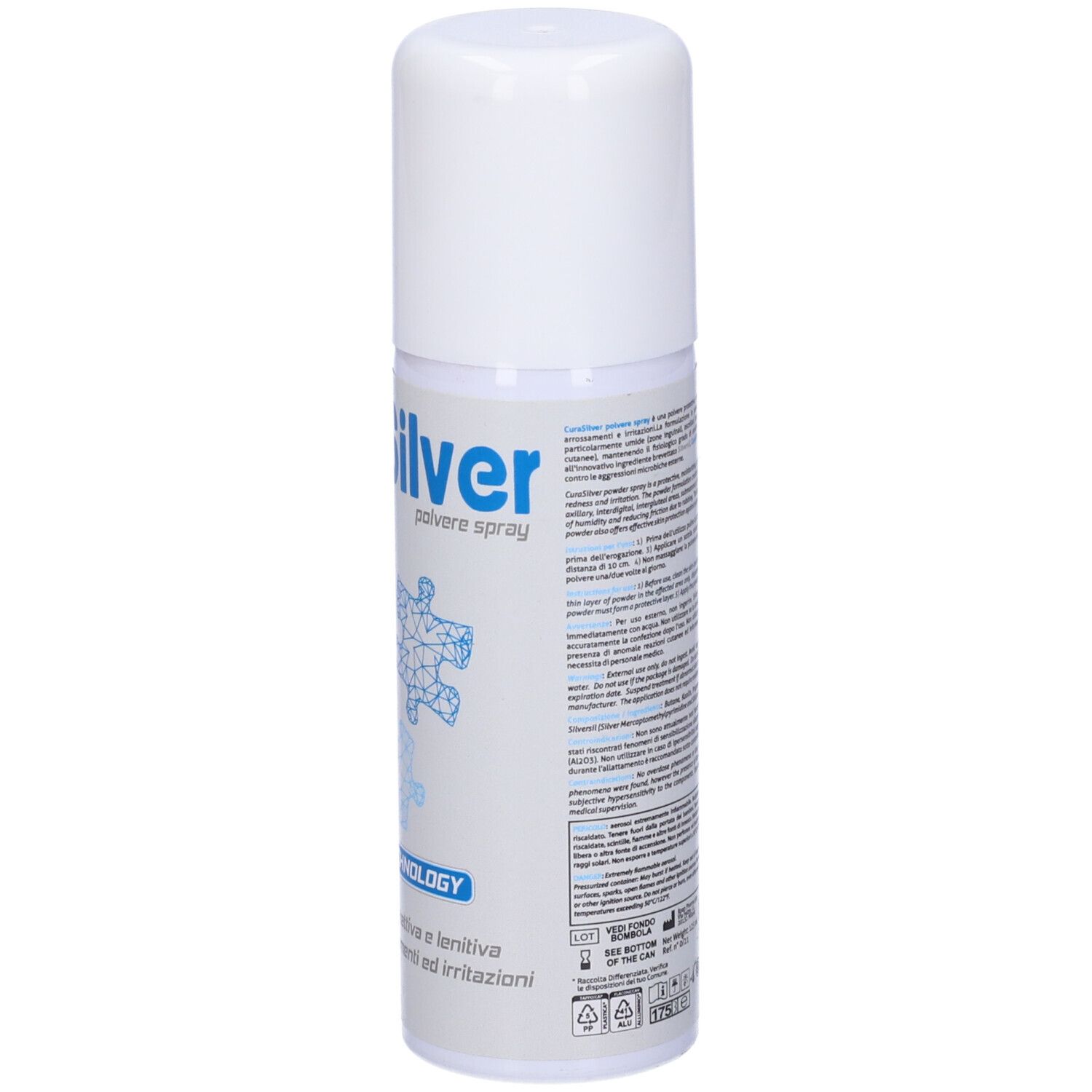 Retro dello spray bianco. Testo multilingue. Loghi e pittogrammi.