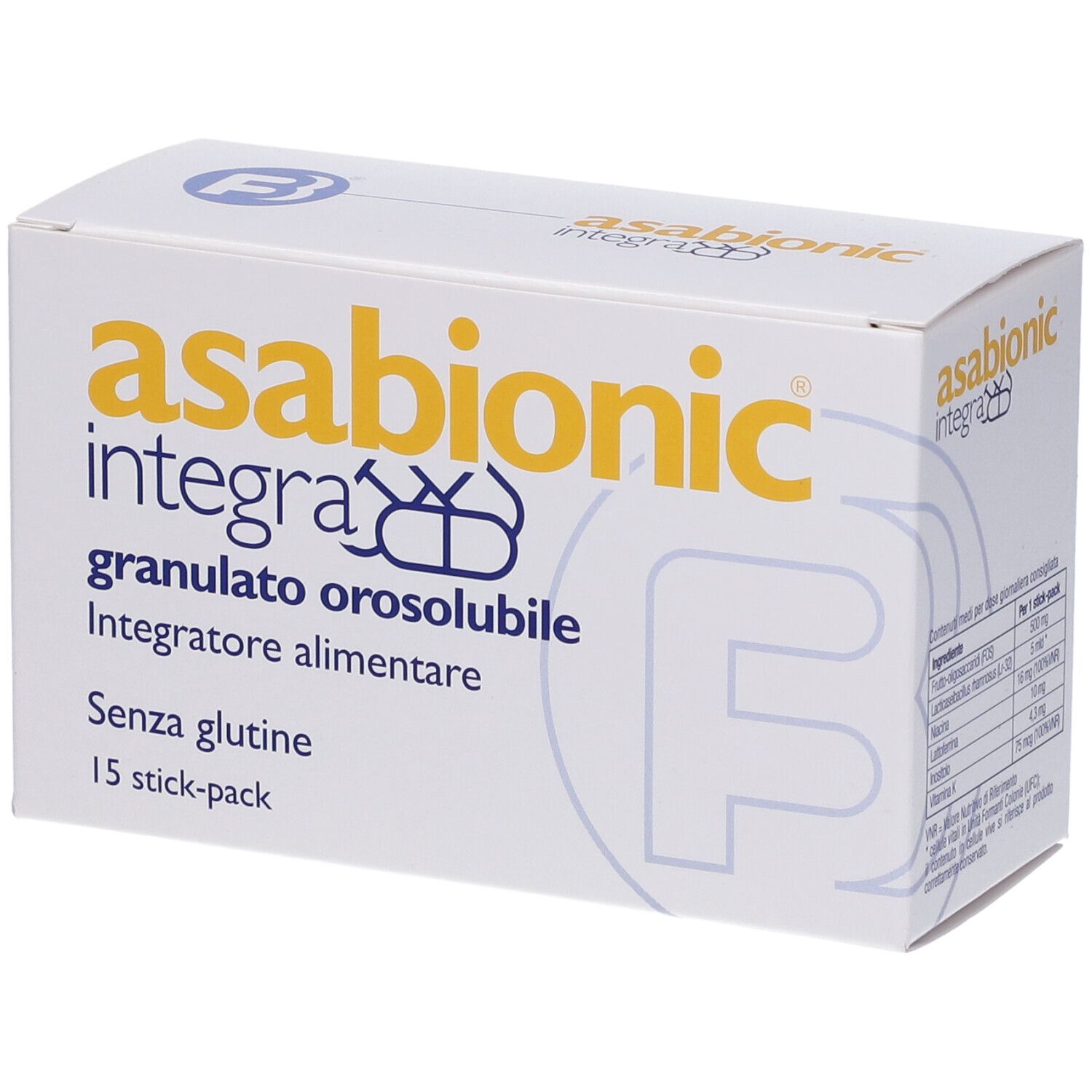 Scatola bianca con scritta gialla 'asabionic integra'. Contiene 15 stick-pack. Scritto 'granulato orosolubile'. Senza glutine.
