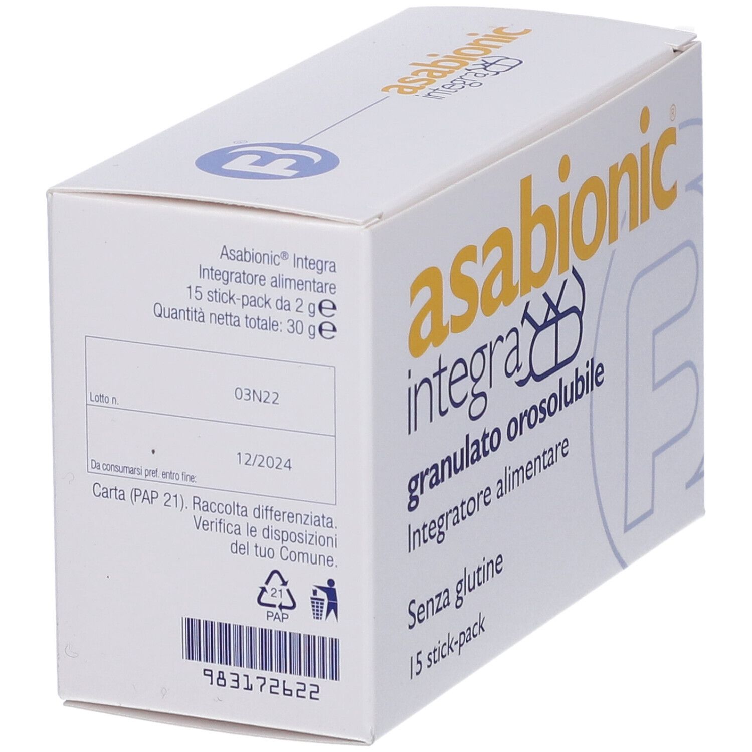 Scatola bianca inclinata. Scritto 'asabionic integra'. Contiene 15 stick-pack. Dettagli ingredienti e scadenza.