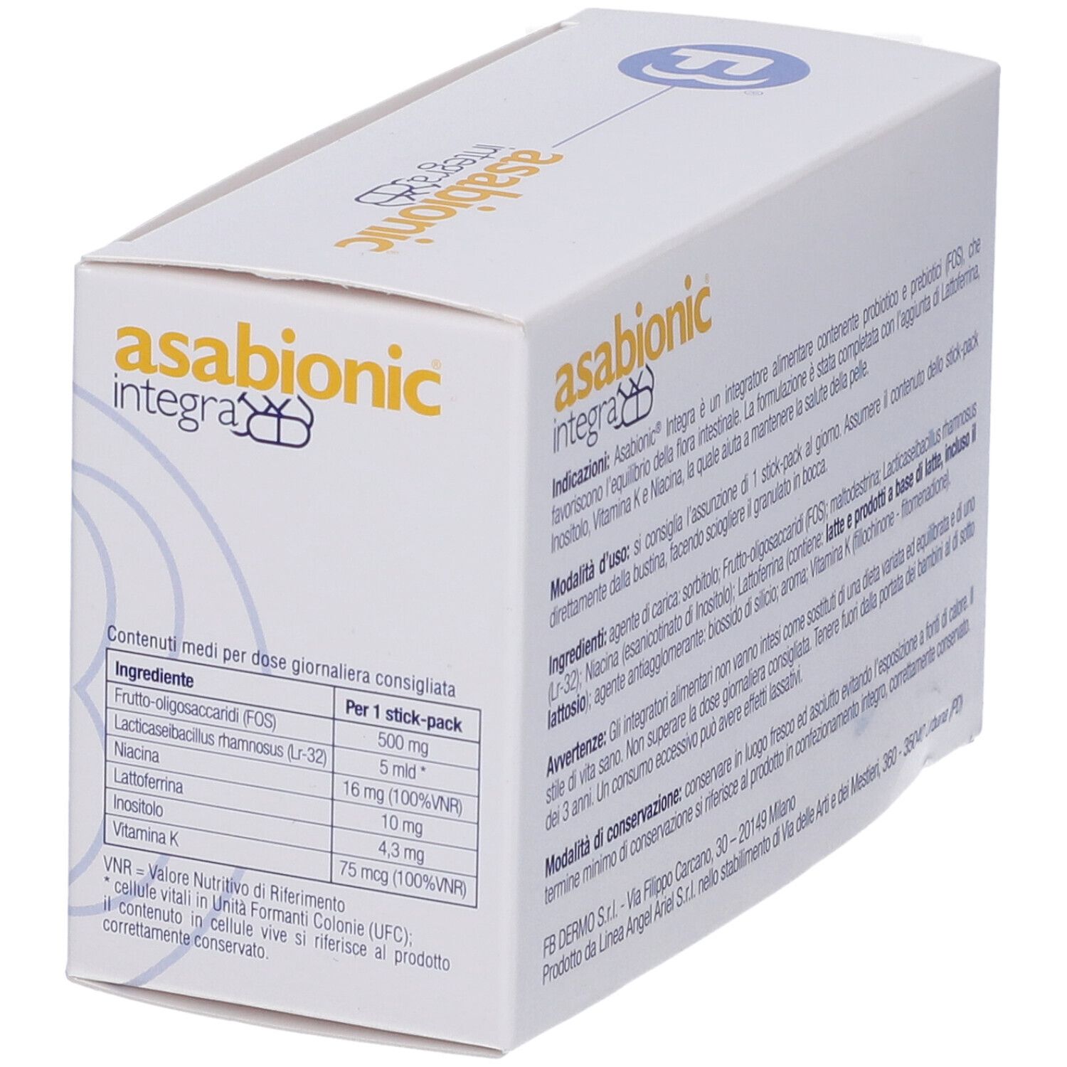 Scatola bianca con testo. Scritto 'asabionic integra'. Contiene informazioni sugli ingredienti per stick-pack.