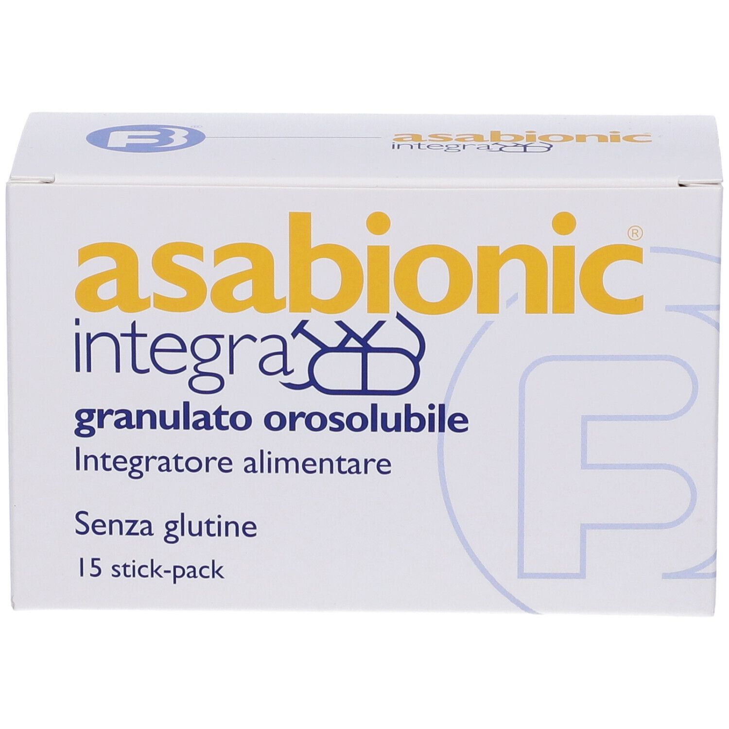 Scatola bianca con scritta gialla 'asabionic integra'. Contiene 15 stick-pack. Scritto 'granulato orosolubile'. Senza glutine.