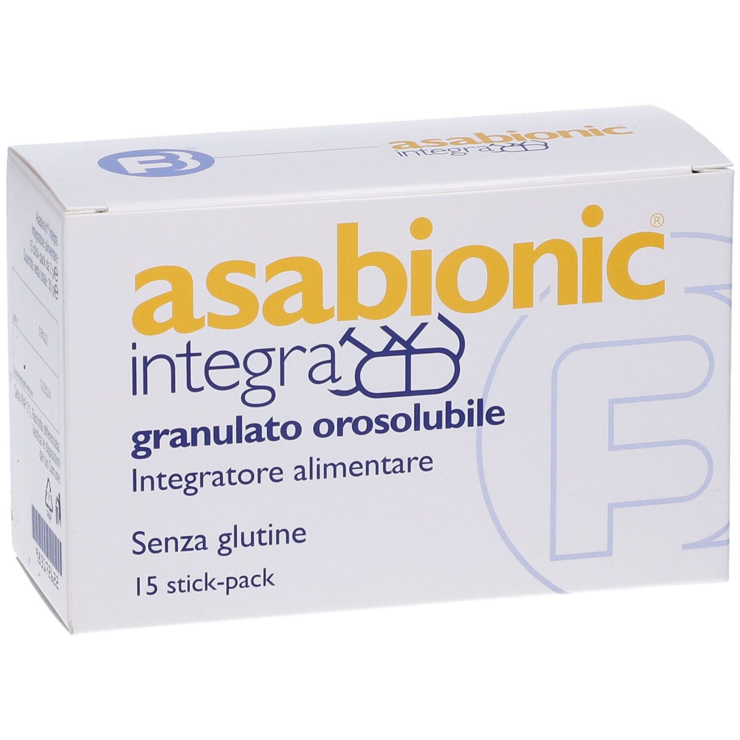Scatola bianca con scritta gialla 'asabionic integra'. Contiene 15 stick-pack. Scritto 'granulato orosolubile'. Senza glutine.