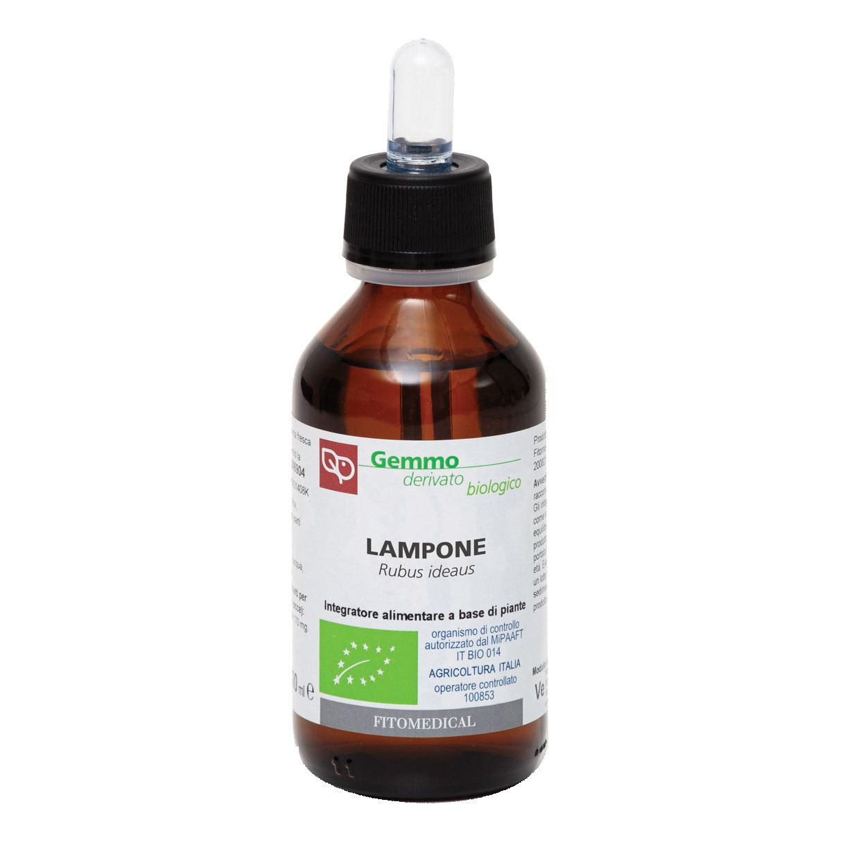 Flacone di vetro marrone con tappo nero e contagocce. Etichetta con nome prodotto e marchio biologico.
