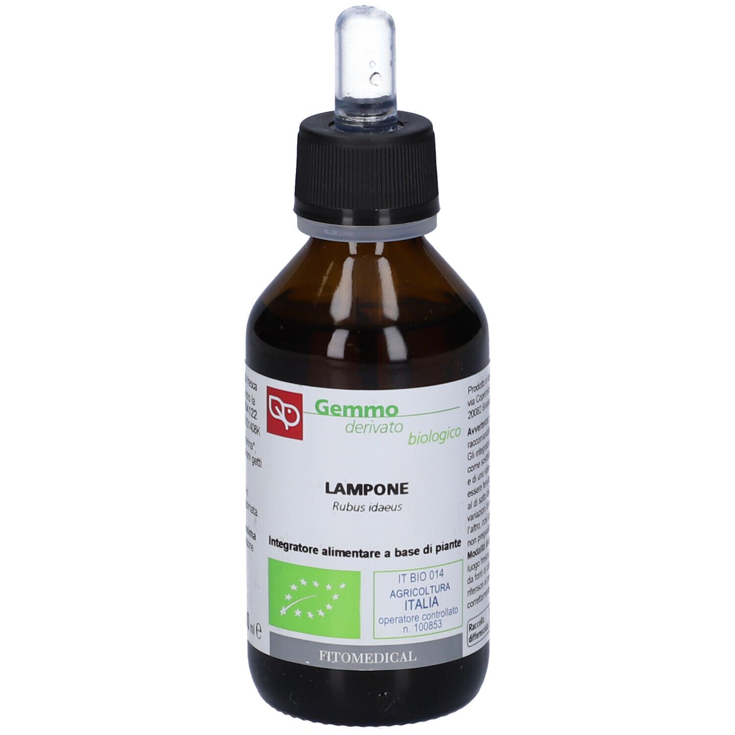 Flacone di vetro marrone con tappo nero e contagocce. Etichetta con nome prodotto e marchio biologico.
