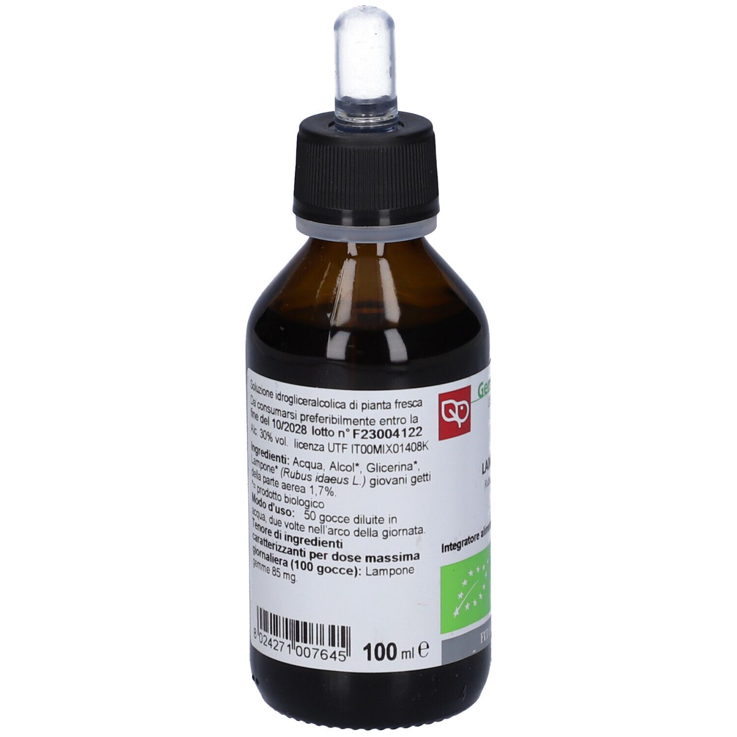 Flacone marrone con tappo nero e contagocce. Etichetta con informazioni e marchio biologico.