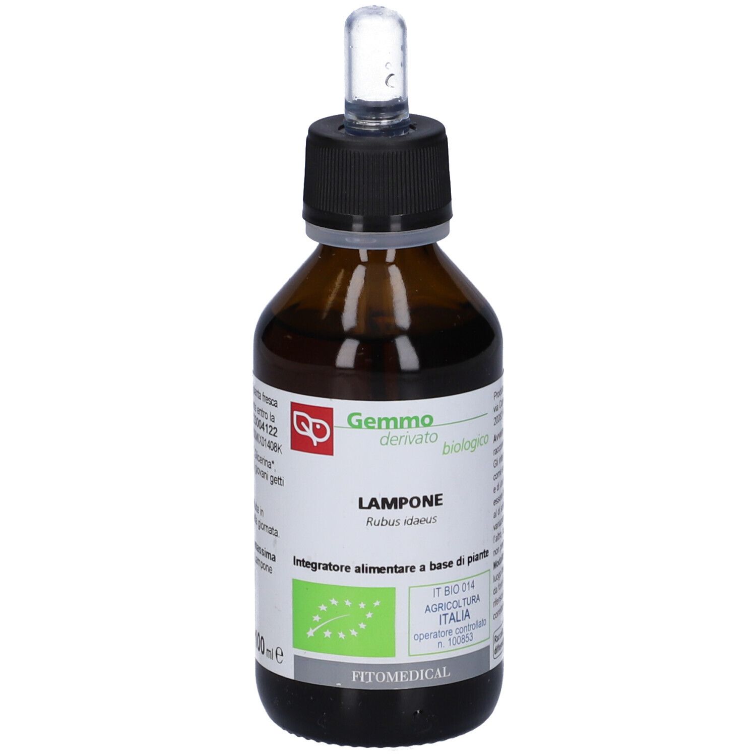 Flacone di vetro marrone con tappo nero e contagocce. Etichetta con nome prodotto e marchio biologico.