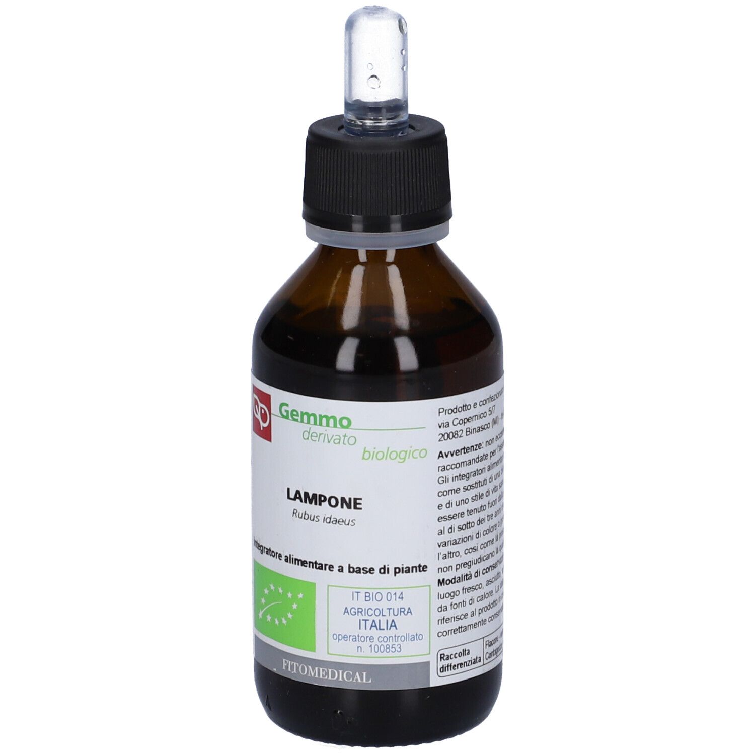 Flacone di vetro marrone con tappo nero e contagocce. Etichetta con nome prodotto e marchio biologico.