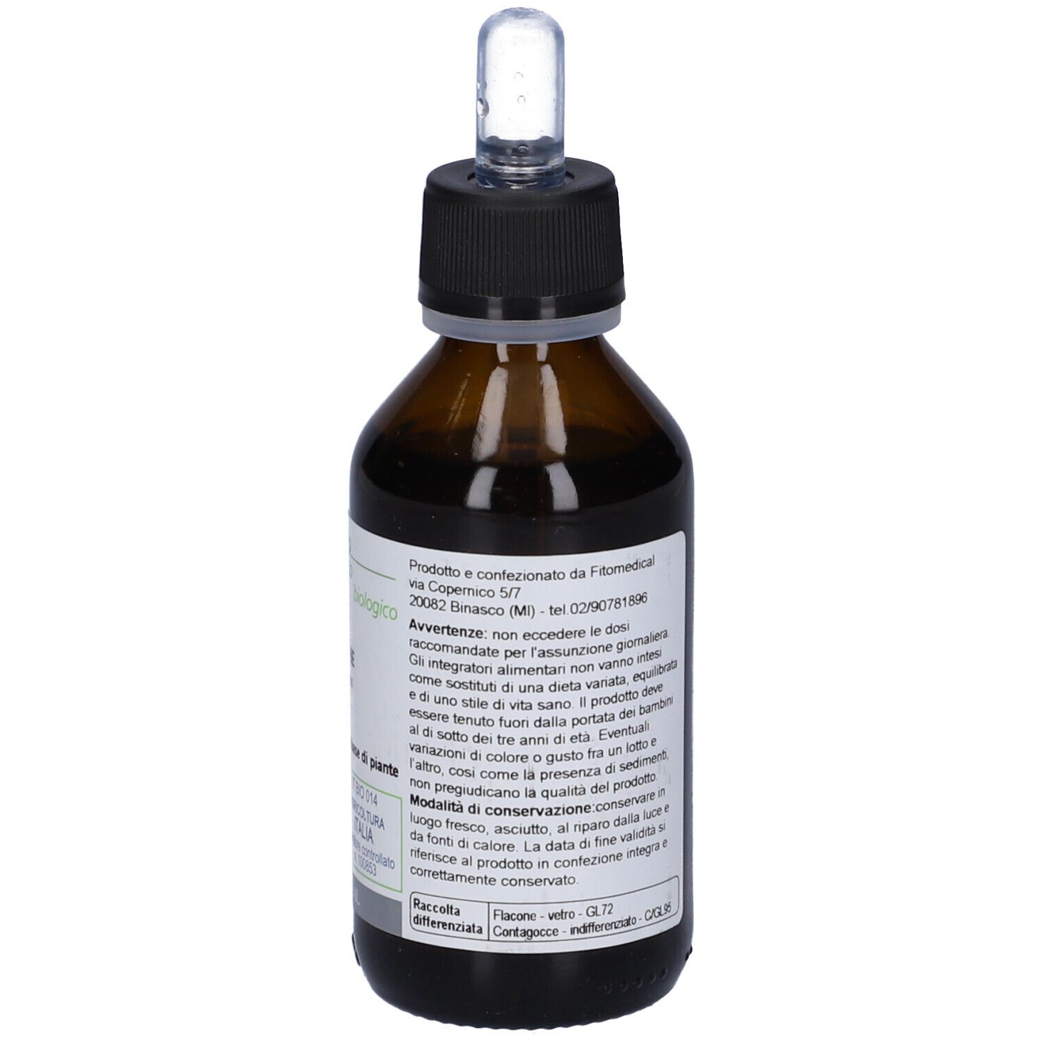 Flacone marrone con tappo nero e contagocce. Etichetta con informazioni e marchio biologico.