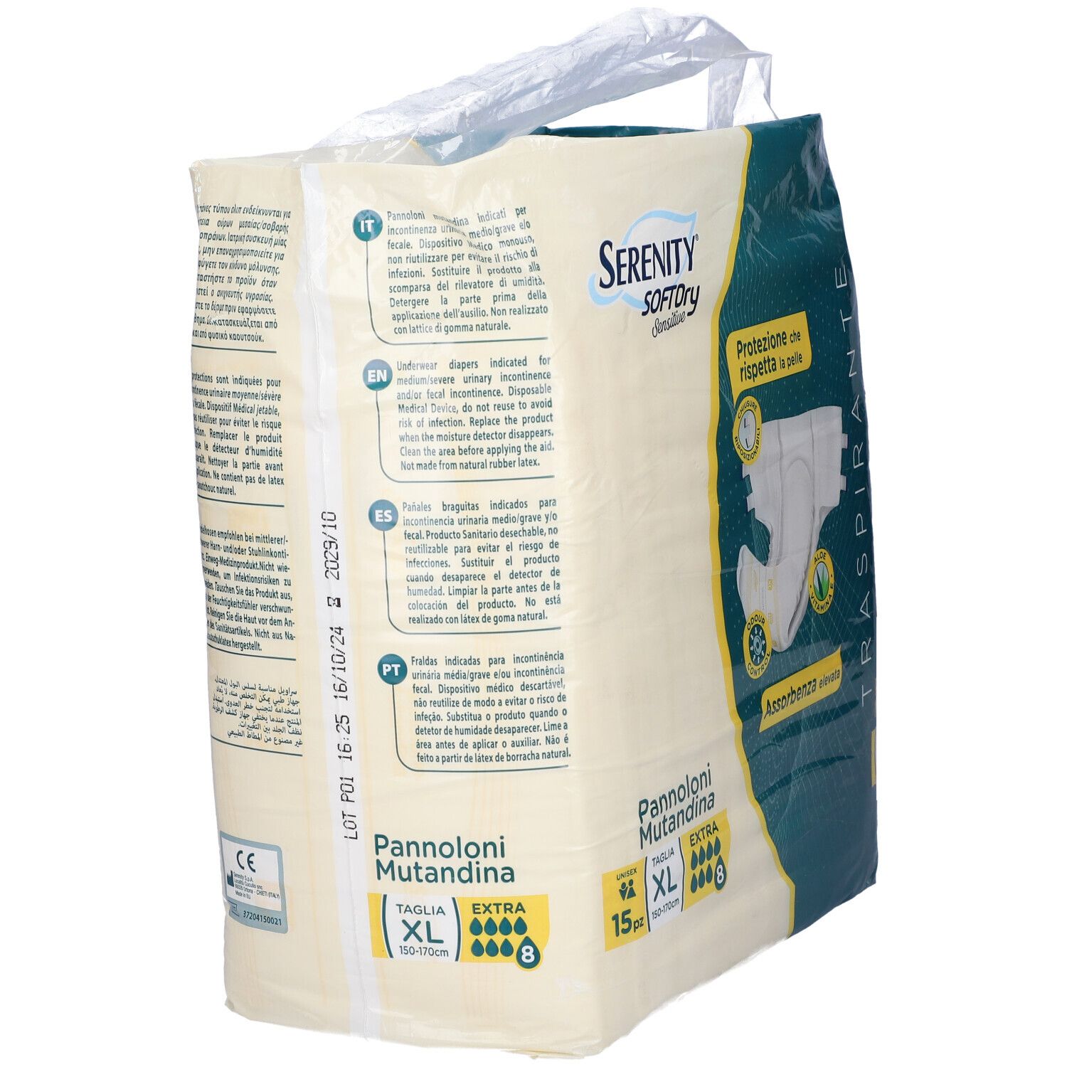 Rückseite der Verpackung mit Informationen. Serenity Pannolone Mutandina Sd Sensitive Extra XL. CE-Zeichen.