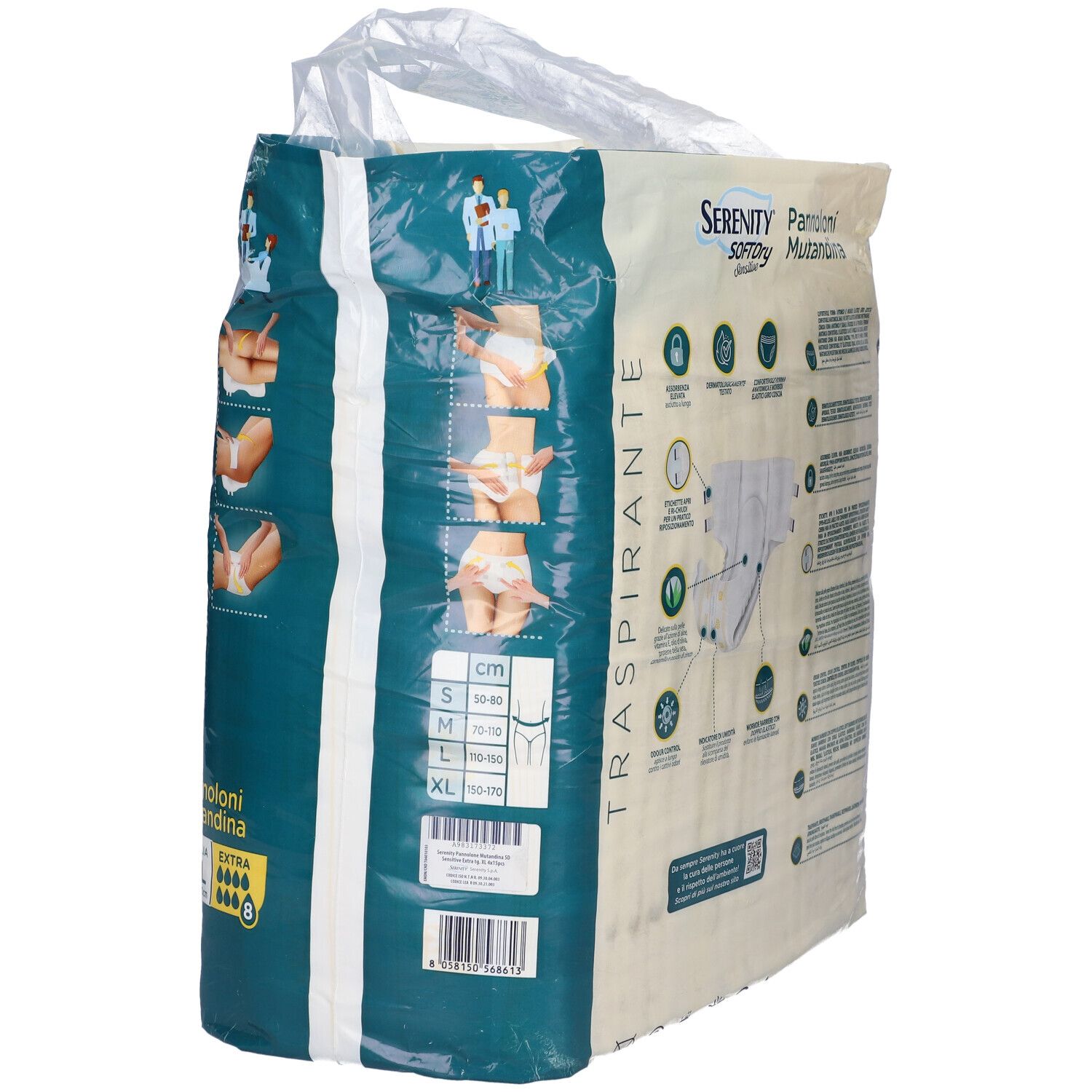 Verpackung mit Größenangaben. Serenity Pannolone Mutandina Sd Sensitive Extra XL. Größen S, M, L, XL.