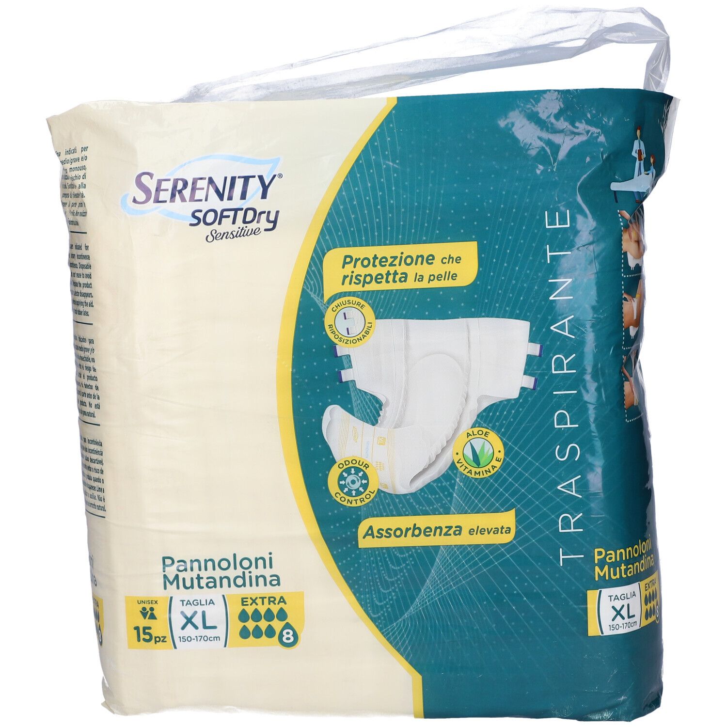 Verpackung mit Serenity Pannolone Mutandina Sd Sensitive Extra XL. 15 Stück. Grün-weiß. Tragegriff.