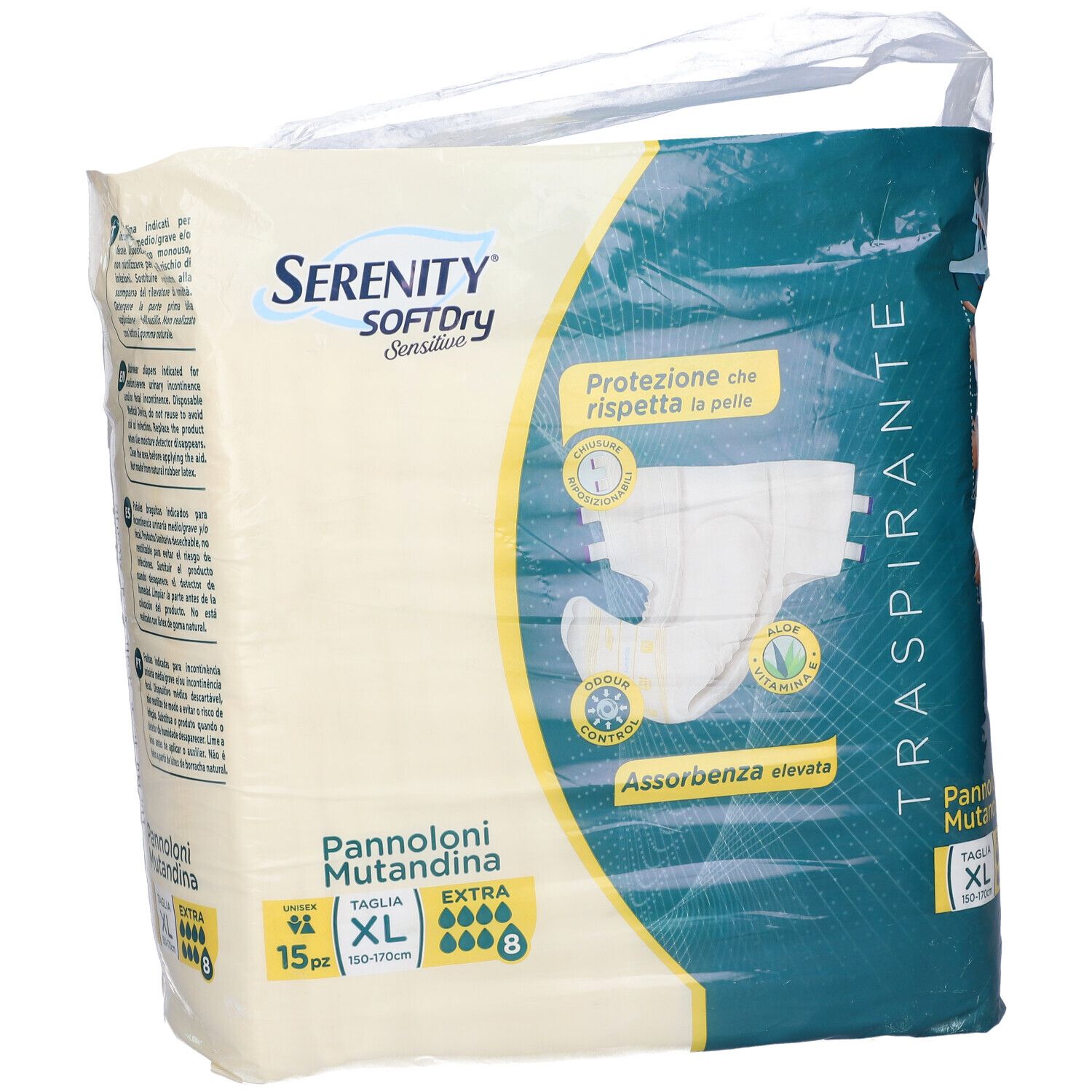 Verpackung mit Serenity Pannolone Mutandina Sd Sensitive Extra XL. 15 Stück. Grün-weiß. Tragegriff.