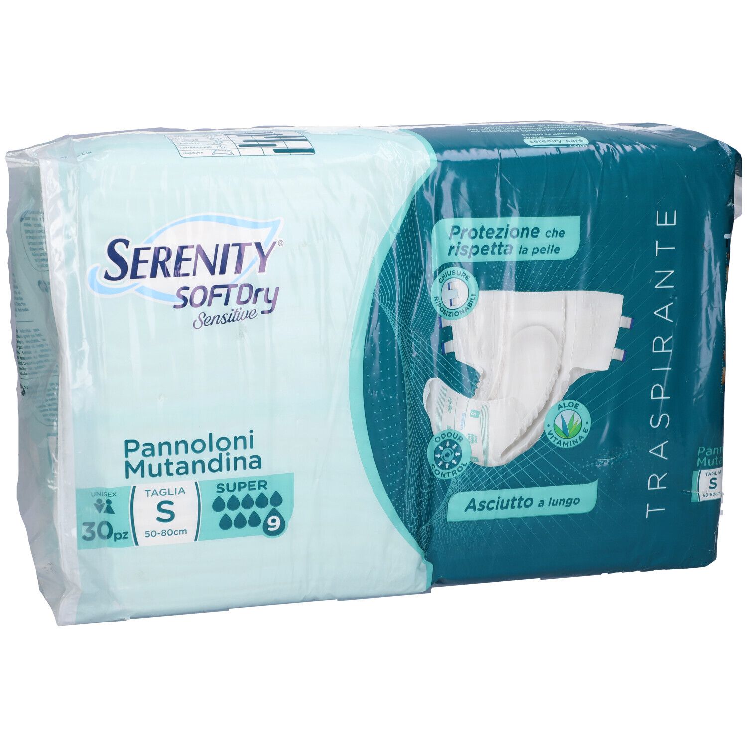 Vorderansicht der Serenity SoftDry Sensitive Pants, Größe S, 30 Stück, mit Produktabbildung.