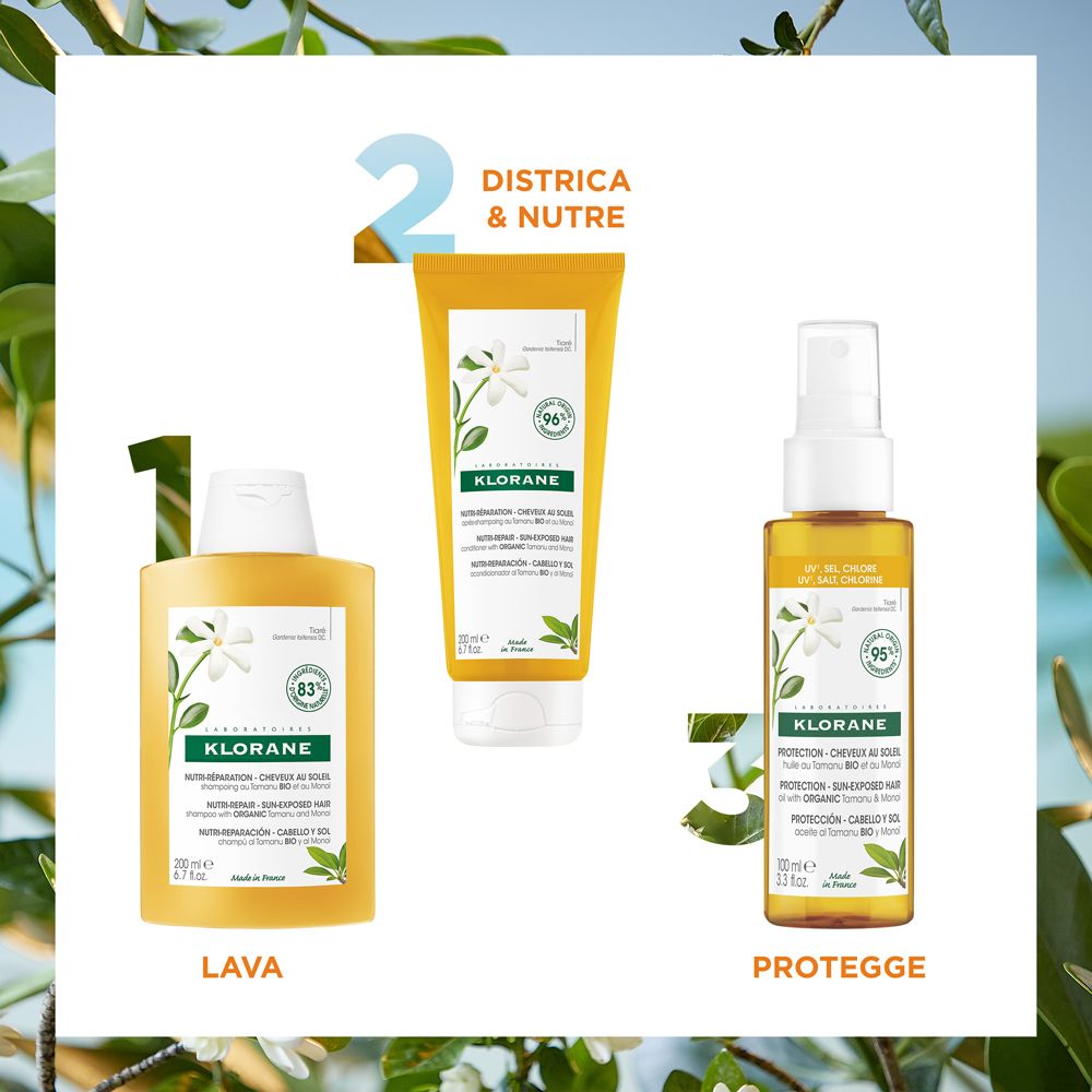 Drei Klorane Haarpflegeprodukte: Shampoo, Spülung und Haarspray in Gelb- und Orangetönen mit weißen Blüten.