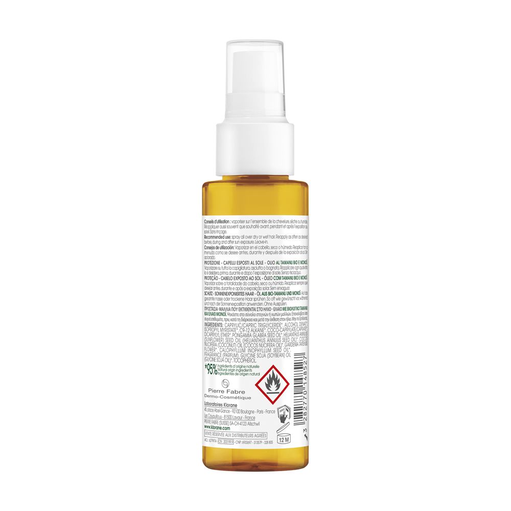 Braune Sprühflasche mit weißem Sprühkopf und Etikett mit Inhaltsstoffen und Warnsymbolen.