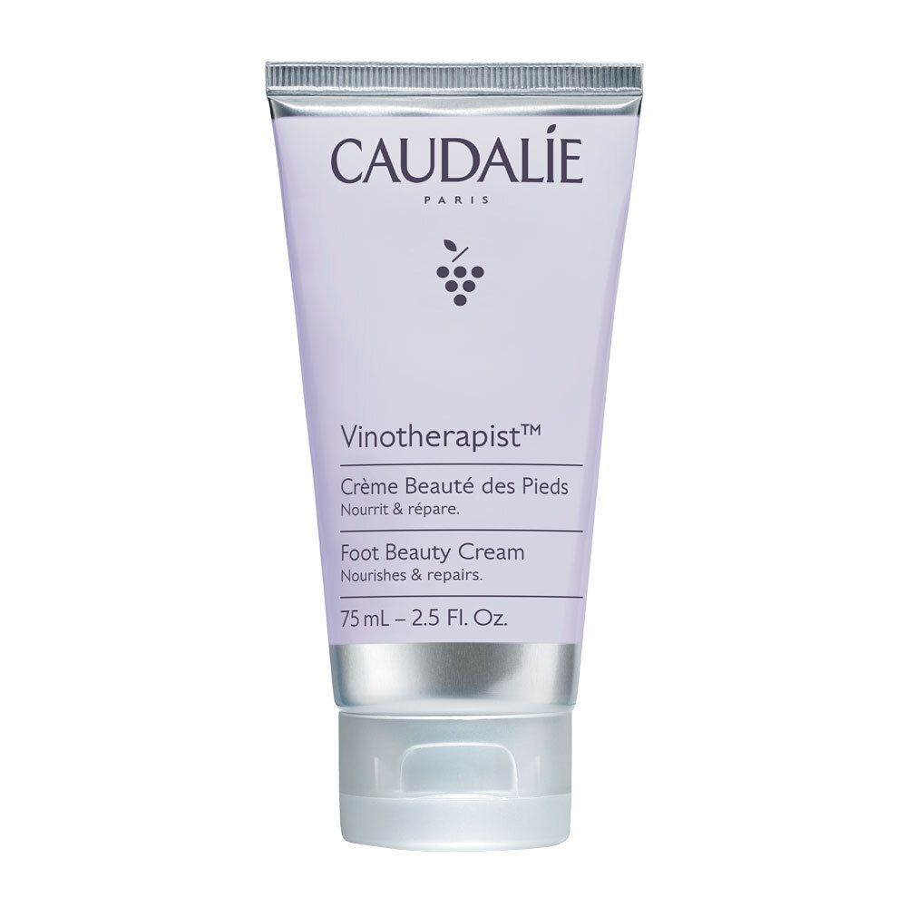 Tubo di crema con nome e logo. Sfondo lilla, tappo argentato. Testo: Crème Beauté des Pieds, Foot Beauty Cream.