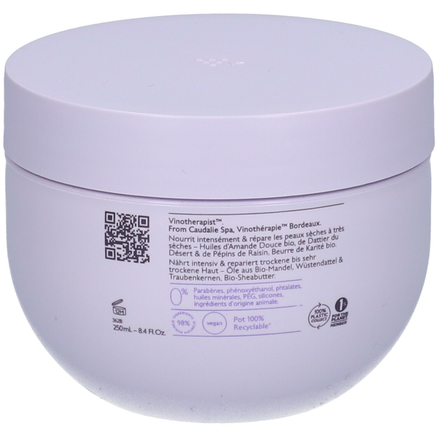 Vaso bianco con coperchio. Retro con testo e codice QR. Ingredienti e certificazioni.